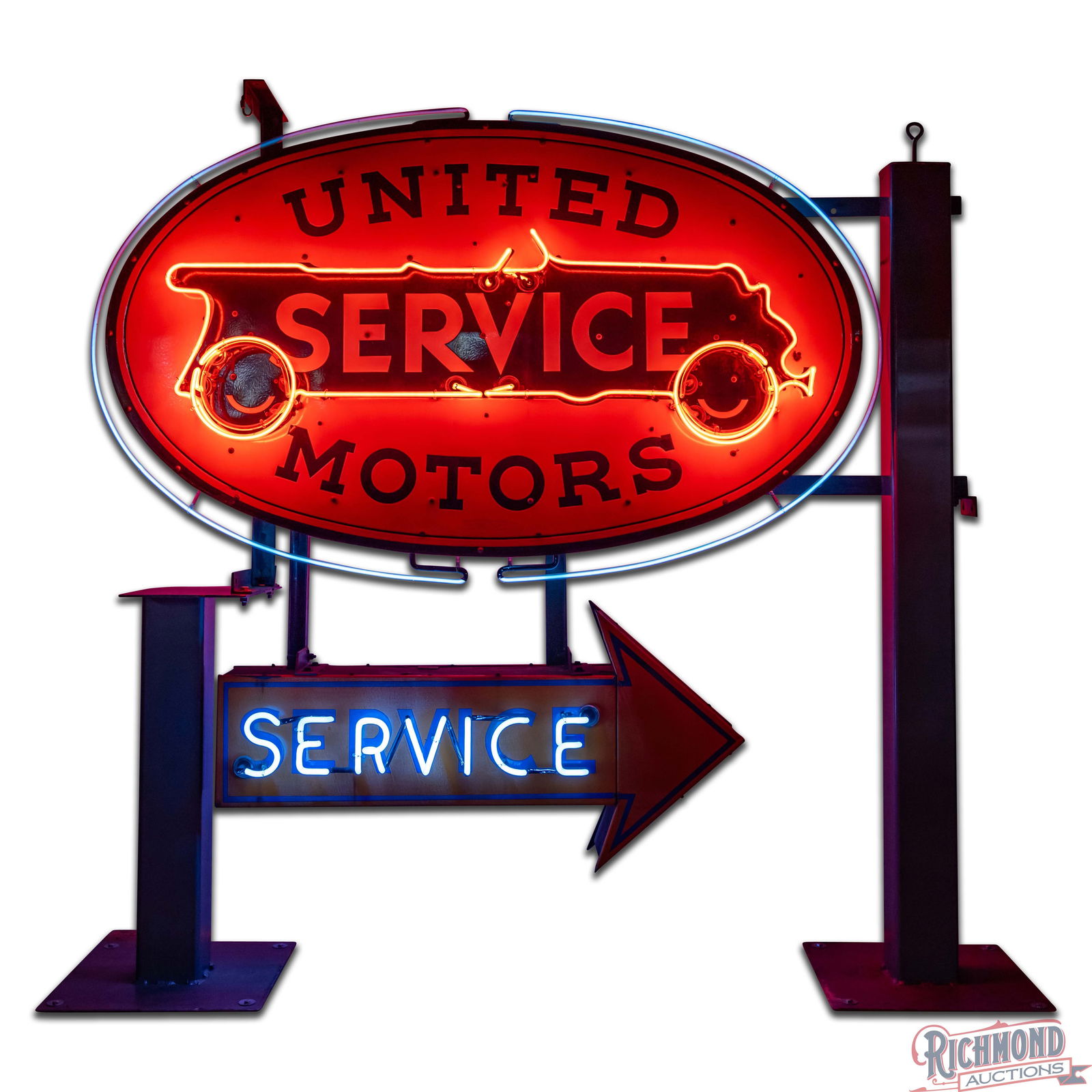 Scarce United Motors Service 6' Double Sided Porcelain Factory Neon Sign w/ Service Arrow "Animated" - 2