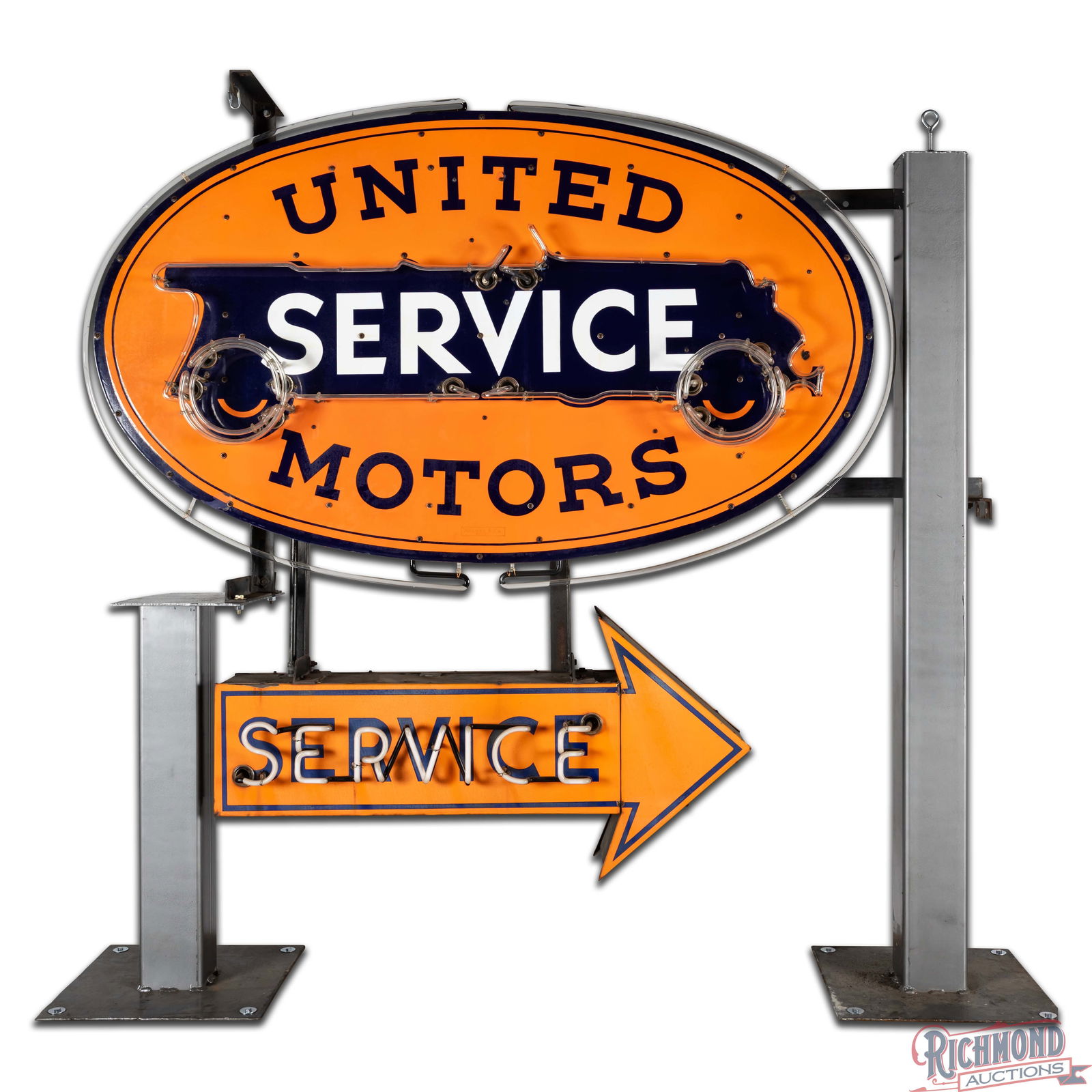 Scarce United Motors Service 6' Double Sided Porcelain Factory Neon Sign w/ Service Arrow "Animated" - 3