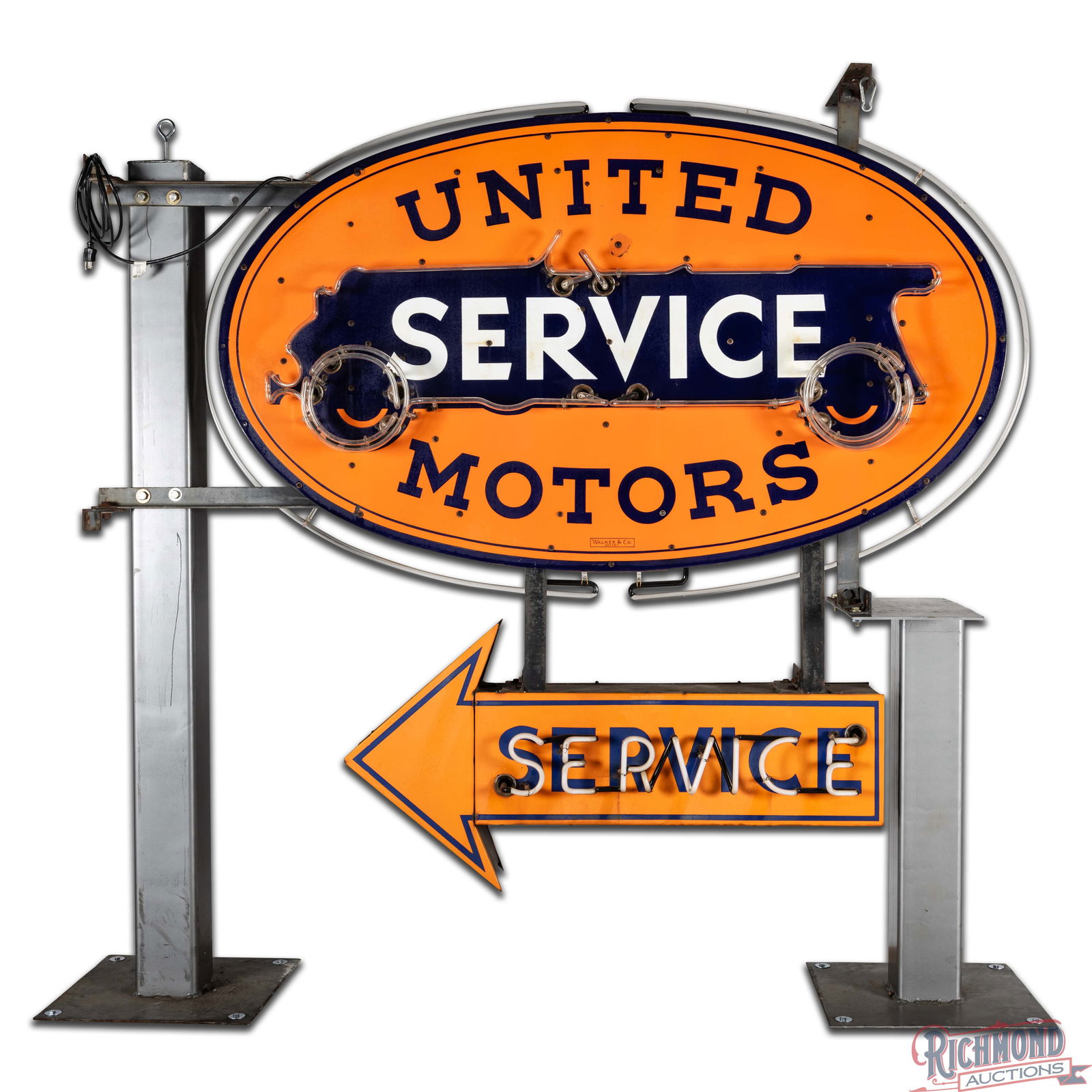 Scarce United Motors Service 6' Double Sided Porcelain Factory Neon Sign w/ Service Arrow "Animated" - 5