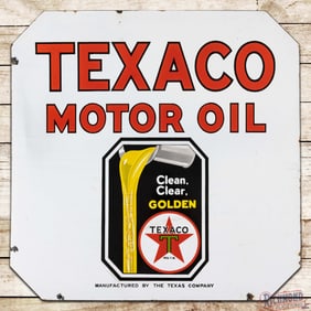 Texaco Motor Oil "Clean Clear Golden" 30" Double Sided Porcelain Die Cut Sign w/ Logo