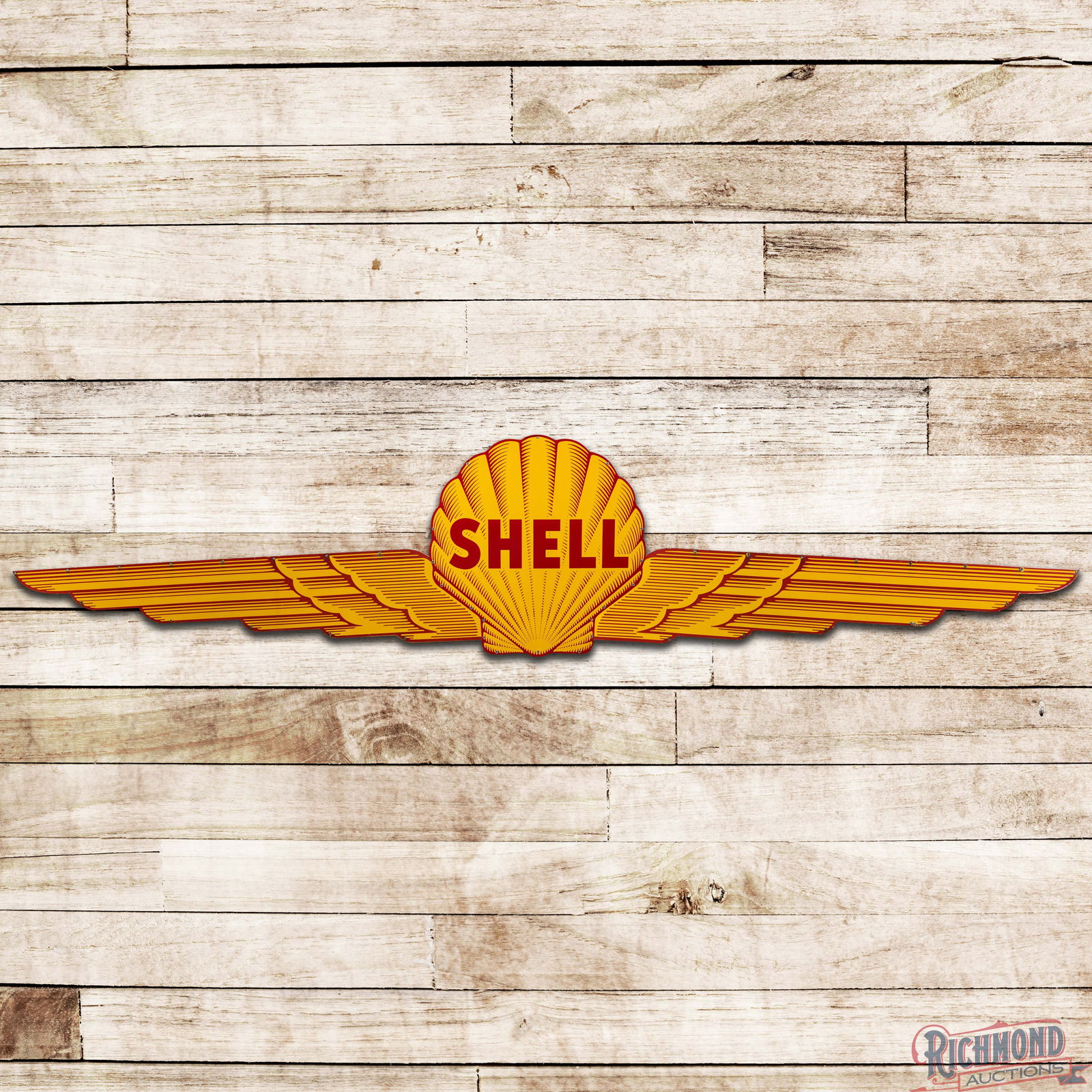 Amazing Shell Aviation Gasoline 18' Single Sided Porcelain Die Cut Sign w/ Wings: SSP (Single Sided Porcelain) die cut three-piece sign has outstanding color and gloss. The clamshell is exceptionally clean with minor surface imperfections and a tiny errant red paint drip in the