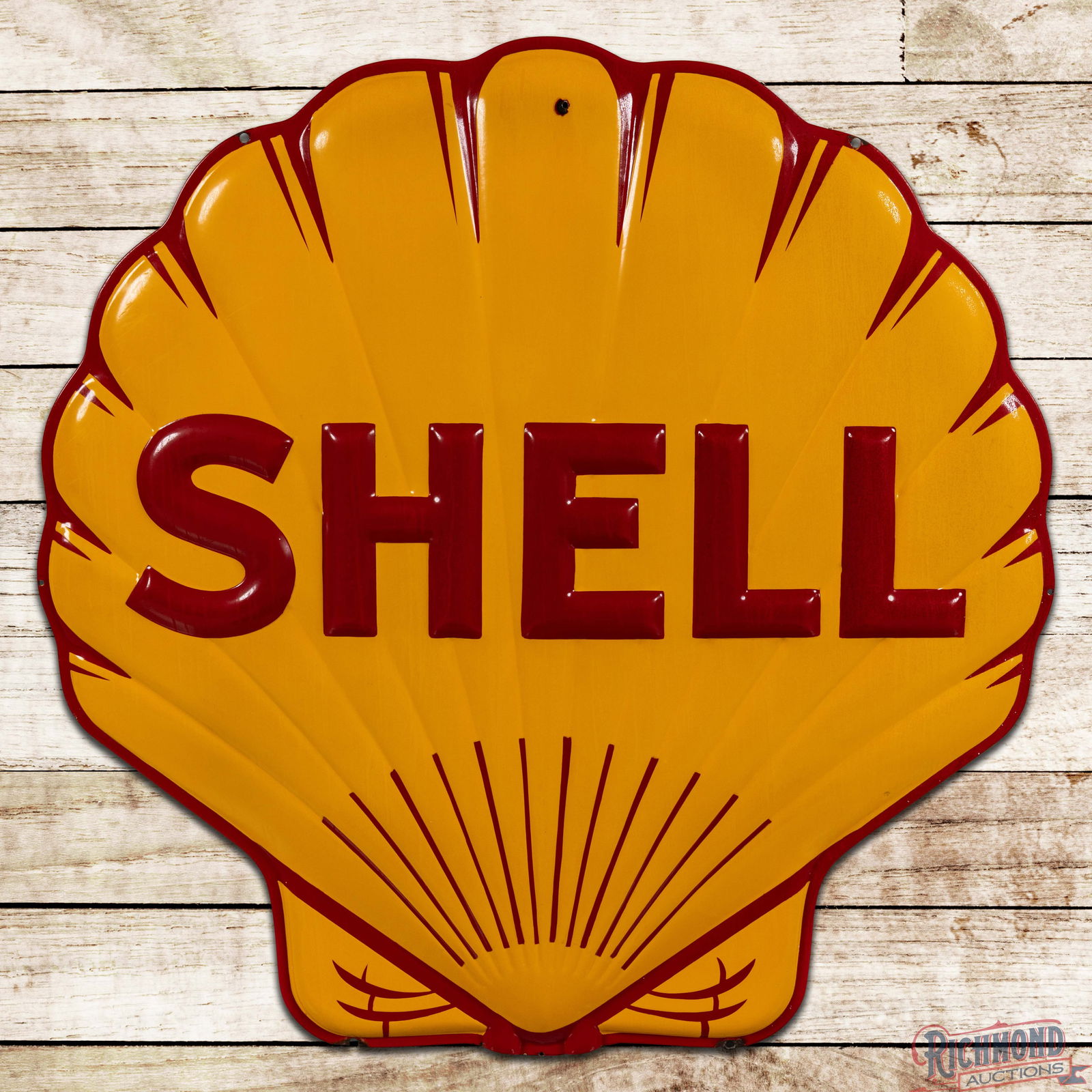 Outstanding Shell Gasoline 48" Emb. Neon Sign Skin: SSP (Single Sided Porcelain) die cut embossed neon sign skin has outstanding color and gloss. The field is exceptionally clean with areas of minor discoloration. The perimeter has small chips at the m