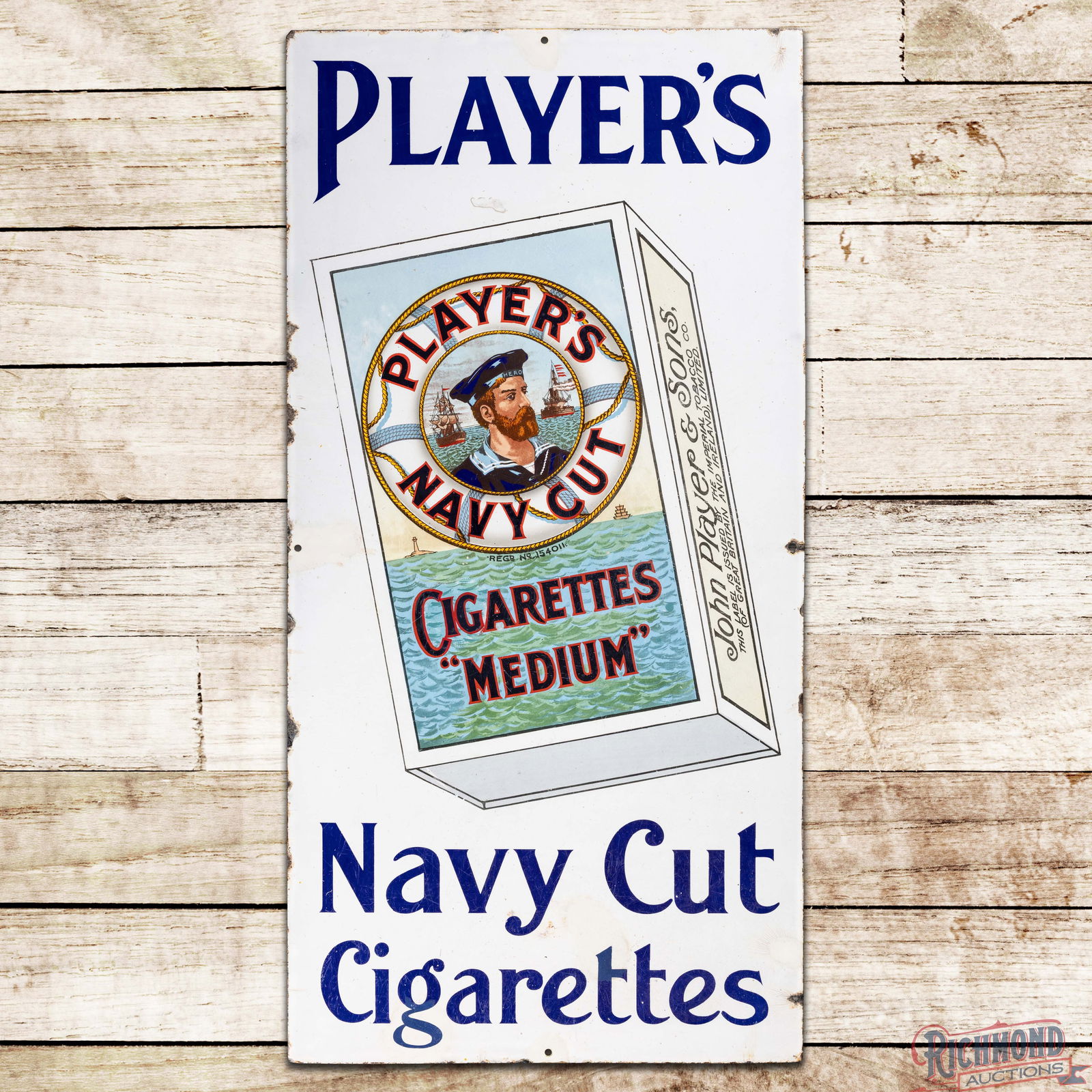 Player's Navy Cut "Medium" Cigarettes Single Sided Porcelain Sign w/ Hero Logo: SSP (Single Sided Porcelain) sign has good color and gloss. The sign features a large cigarette pack in the field with the iconic sailor "Hero" and ships. The field has fine scratches with tiny