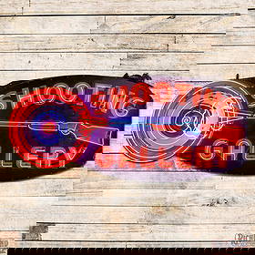 Outstanding 8.5' Shooting Gallery Die Cut Factory Neon Sign w/ Animation: SSP (Single Sided Porcelain) die cut factory neon sign with metal can has excellent color and gloss. The sign features five-color porcelain enamel with three-color animated neon. The "Shooting Gallery
