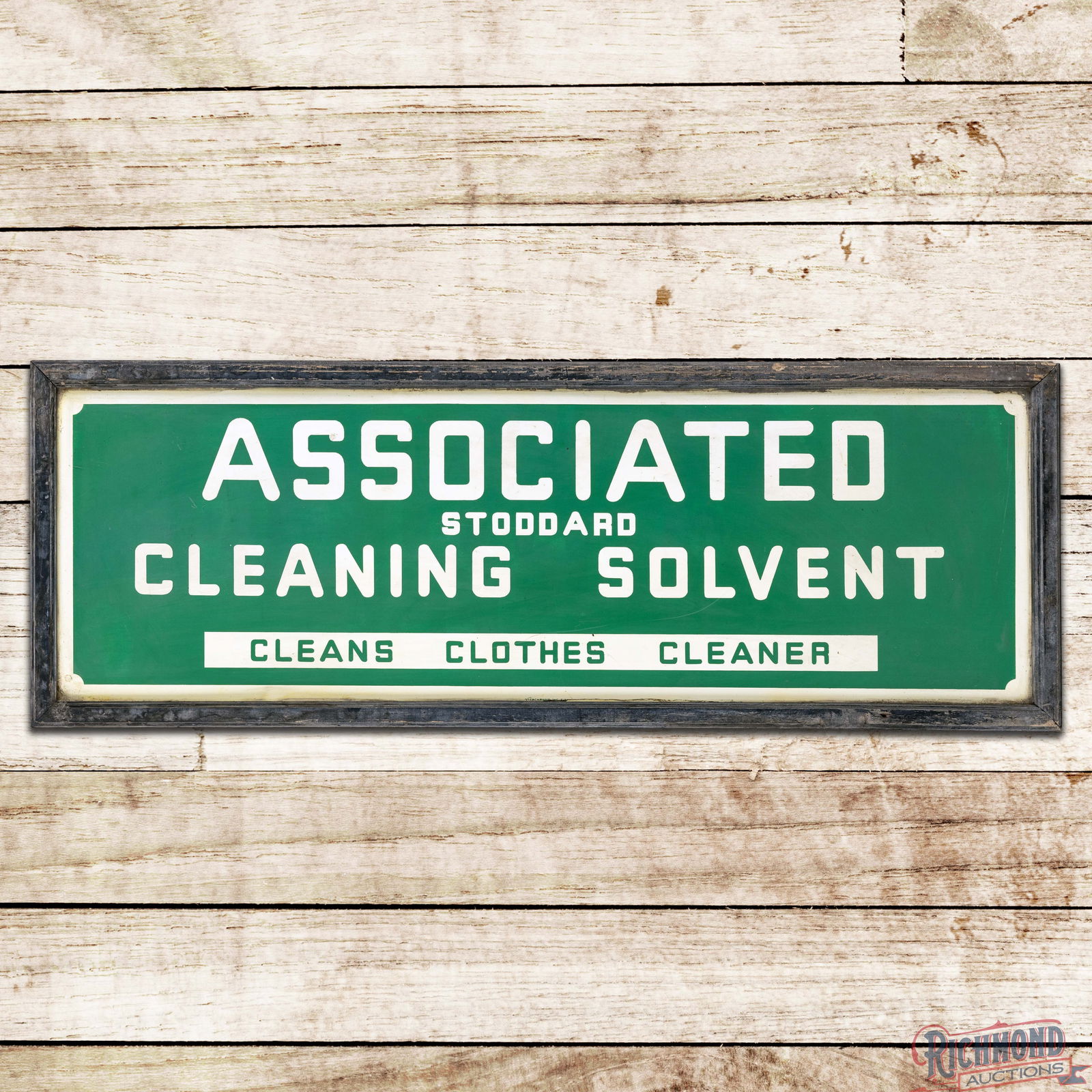 Early Associated Stoddard Cleaning Solvent "Cleans Clothes Cleaner" Single Sided Tin Wood Framed: SST (Single Sided Tin) sign with the factory wooden frame has excellent color and shine. The field is very clean overall with light surface wear. The perimeter has discoloration along the wooden