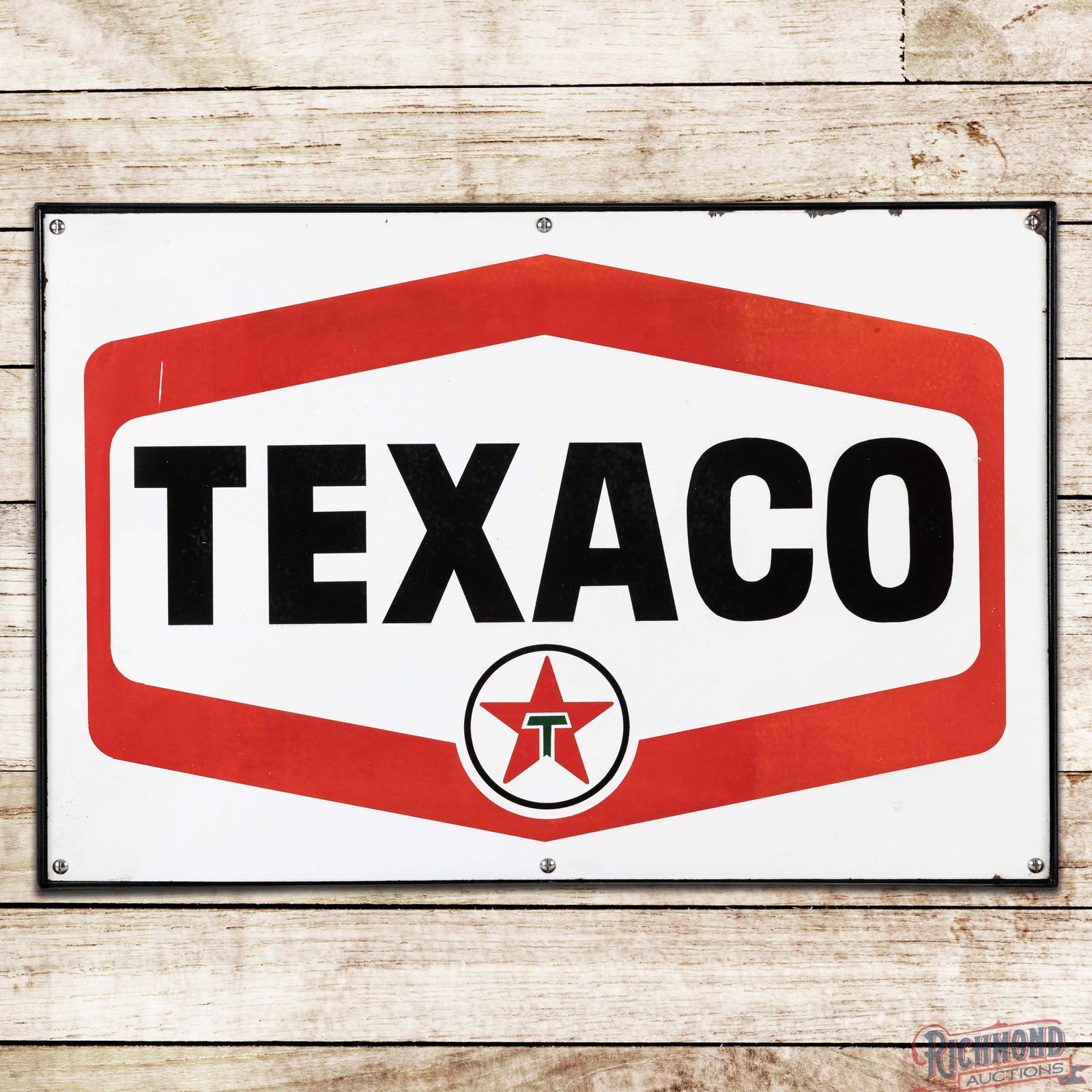 Texaco Motor Oils Gasoline Single Sided Porcelain Logo Sign w/ Ring "Rare Size": SSP (Single Sided Porcelain) sign with a custom metal frame has very good color and moderate gloss. The display has light wear with discoloration, areas of cloudiness and a factory blemish on the