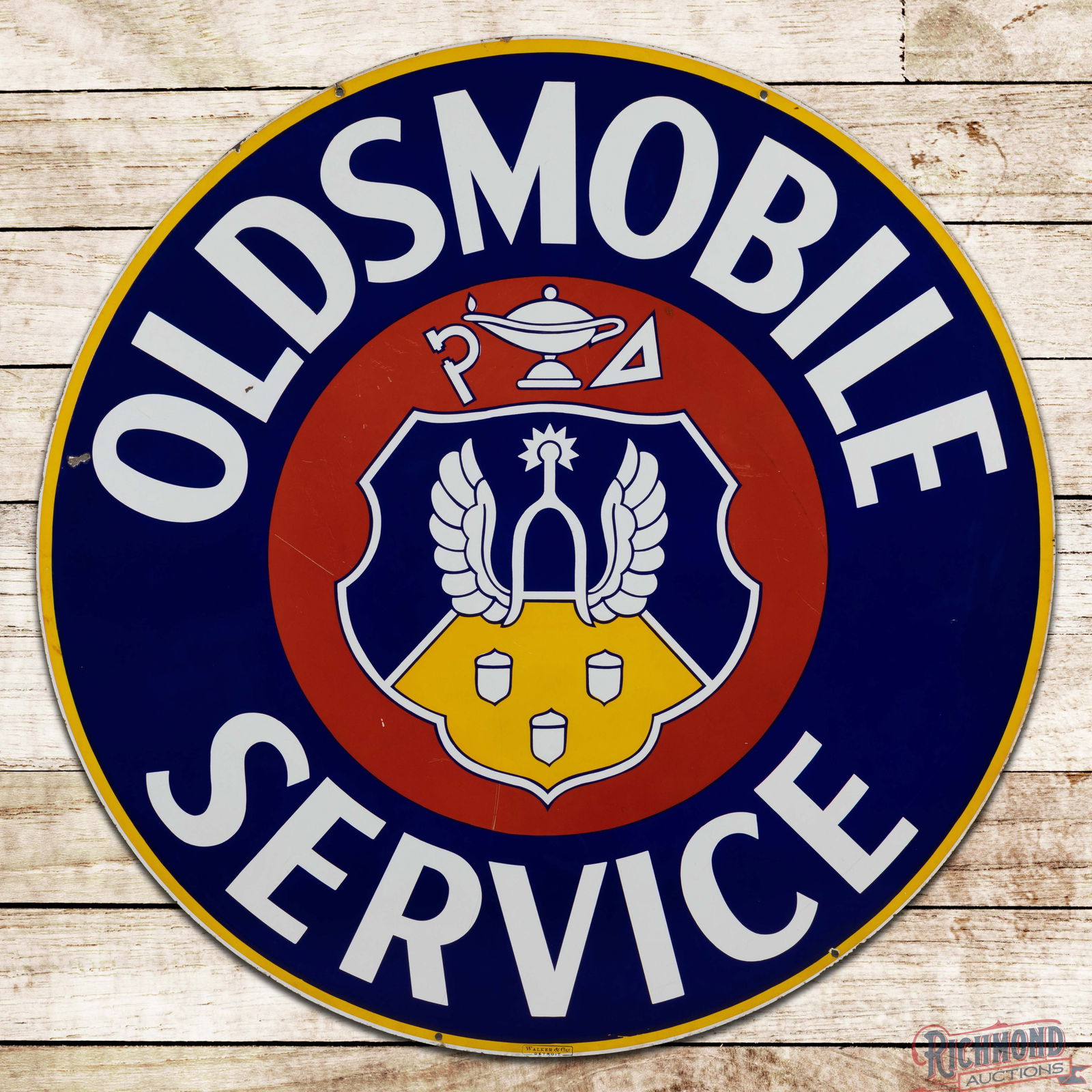 Oldsmobile Service 5' Double Sided Porcelain Sign w/ Crest Logo: DSP (Double Sided Porcelain) sign has excellent color and gloss. Side #1 has slight discoloration to the red porcelain enamel with small nicks and scratches in the outer portions of the logo. The