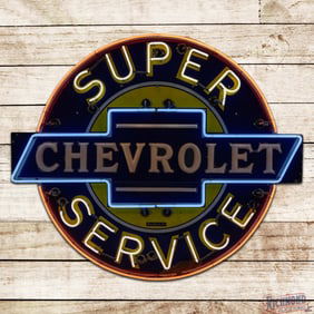 Scarce Chevrolet Super Service 5' Single Sided Porcelain Factory Neon & Milk Glass Sign