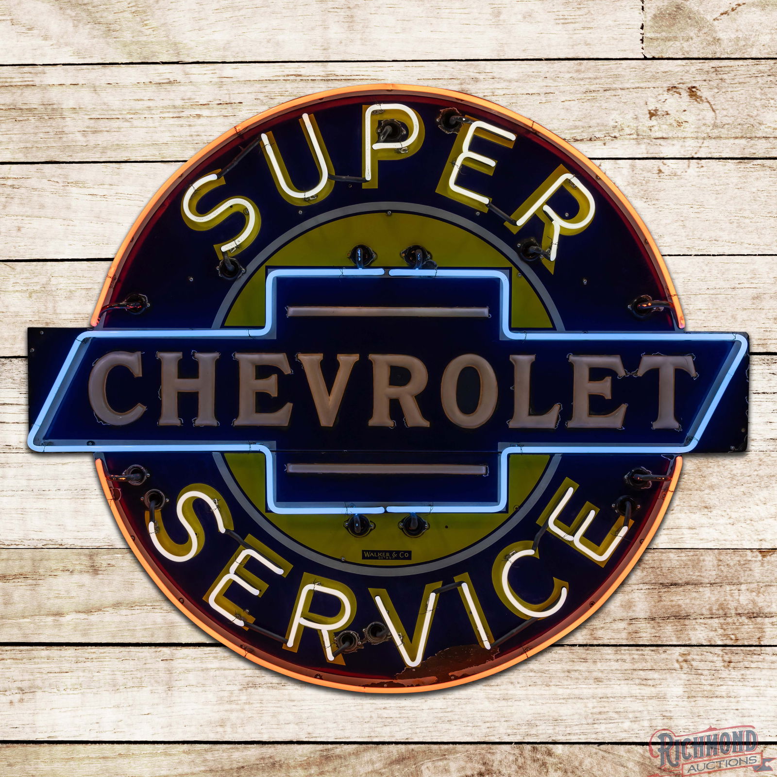 Scarce Chevrolet Super Service 5' Single Sided Porcelain Factory Neon & Milk Glass Sign: Outstanding SSP (Single Sided Porcelain) factory neon and internally lighted milk glass sign with the original can has very good color and gloss. The sign features three-color neon with a large Chevro