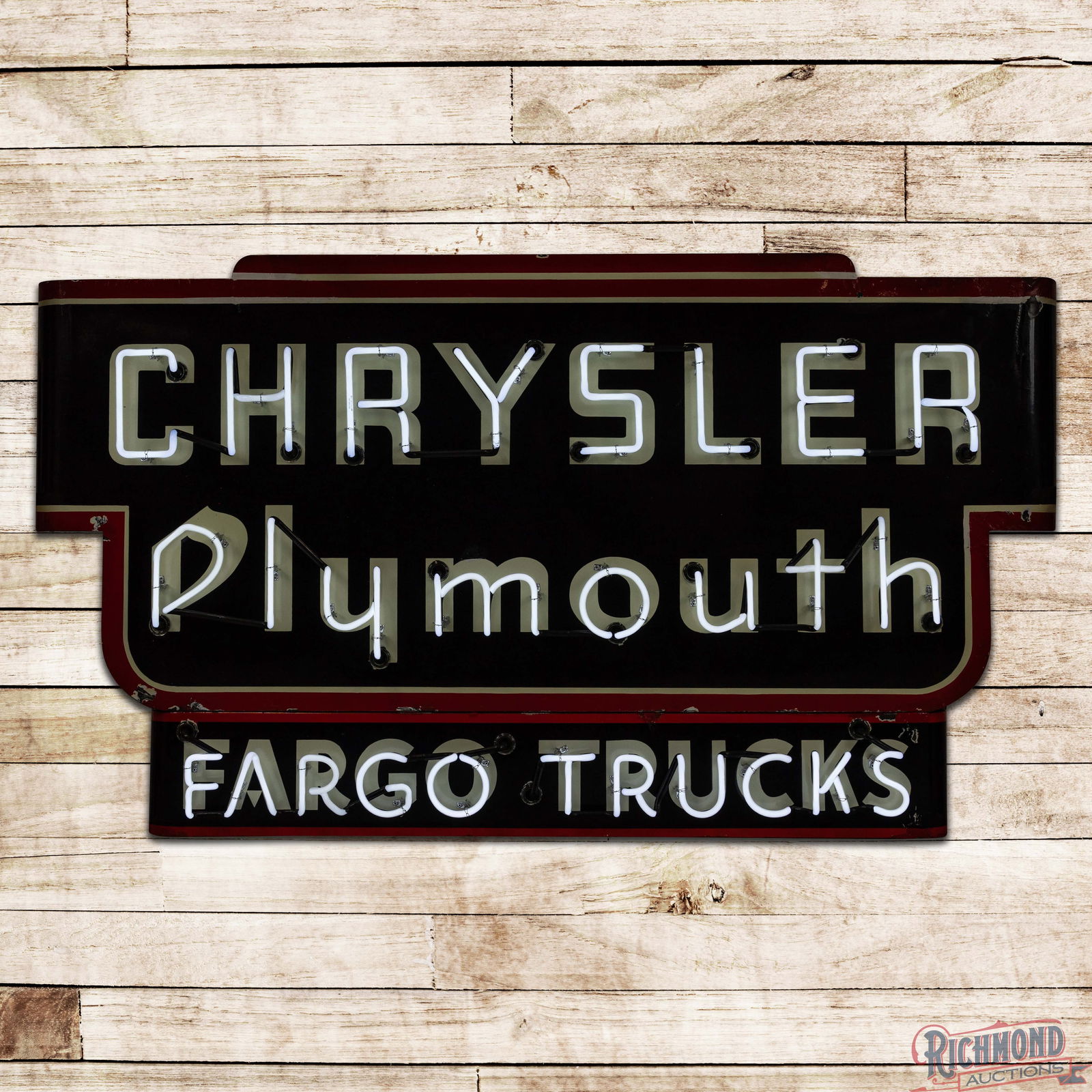 Chrysler Plymouth Fargo Trucks 6' Single Sided Porcelain Neon Sign: SSP (Single Sided Porcelain) sign with added neon and a new metal can has excellent color and gloss. The fields have small chips at the neon insulators and color matched chips on the "M" in the center