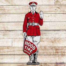 Exceptional Hood Tire Dealer Man Die Cut 36" Single Sided Porcelain Curved Sign w/ Flag