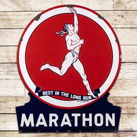 Incredible 1956 Marathon Gasoline "Best in the Long Run" 58" Die Cut DS Porcelain Keyhole Sign