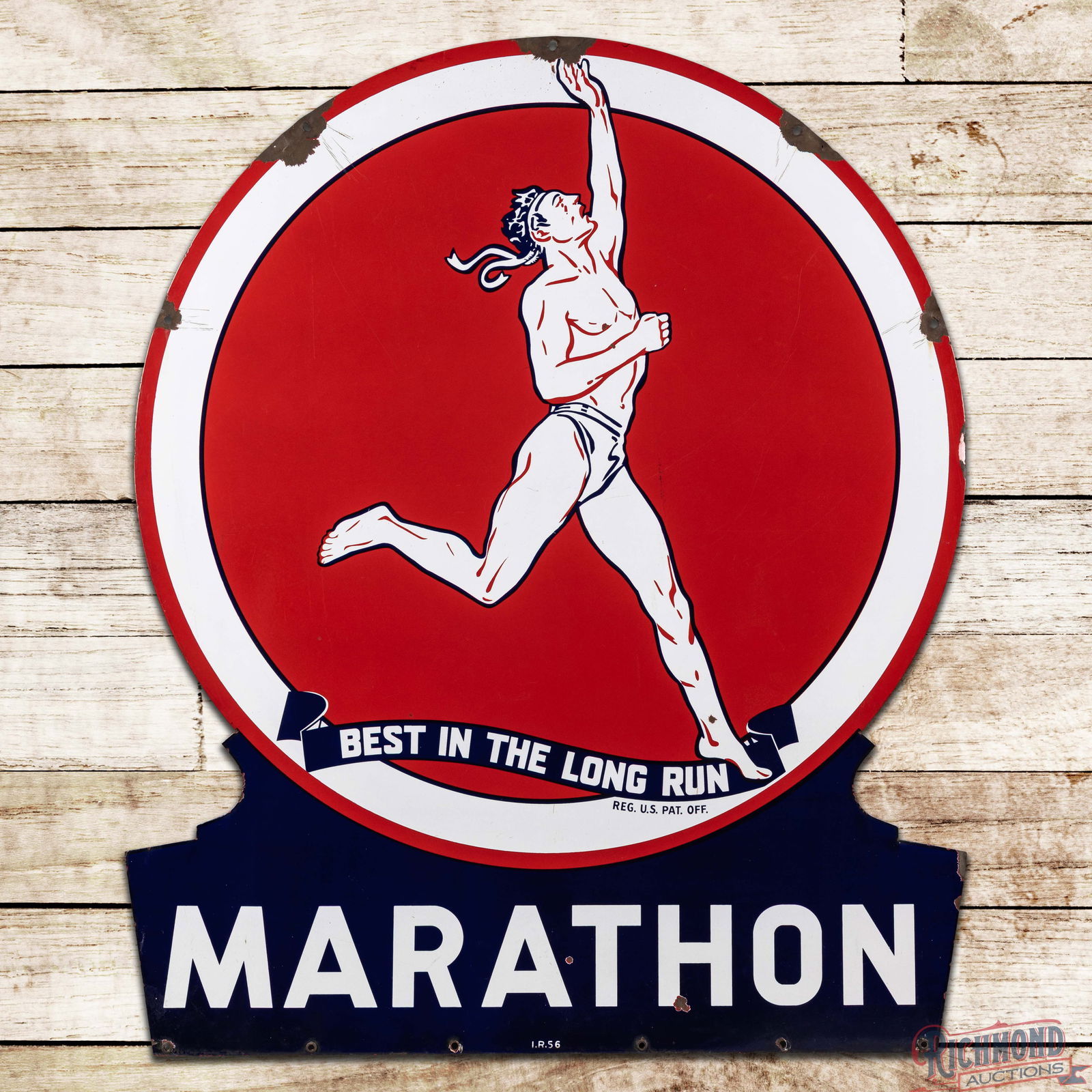 Incredible 1956 Marathon Gasoline "Best in the Long Run" 58" Die Cut DS Porcelain Keyhole Sign: DSP (Double Sided Porcelain) die cut keyhole sign has excellent color and gloss. The display has light wear with surface marks and tiny chips in the fields. The perimeter has minor edge bends with