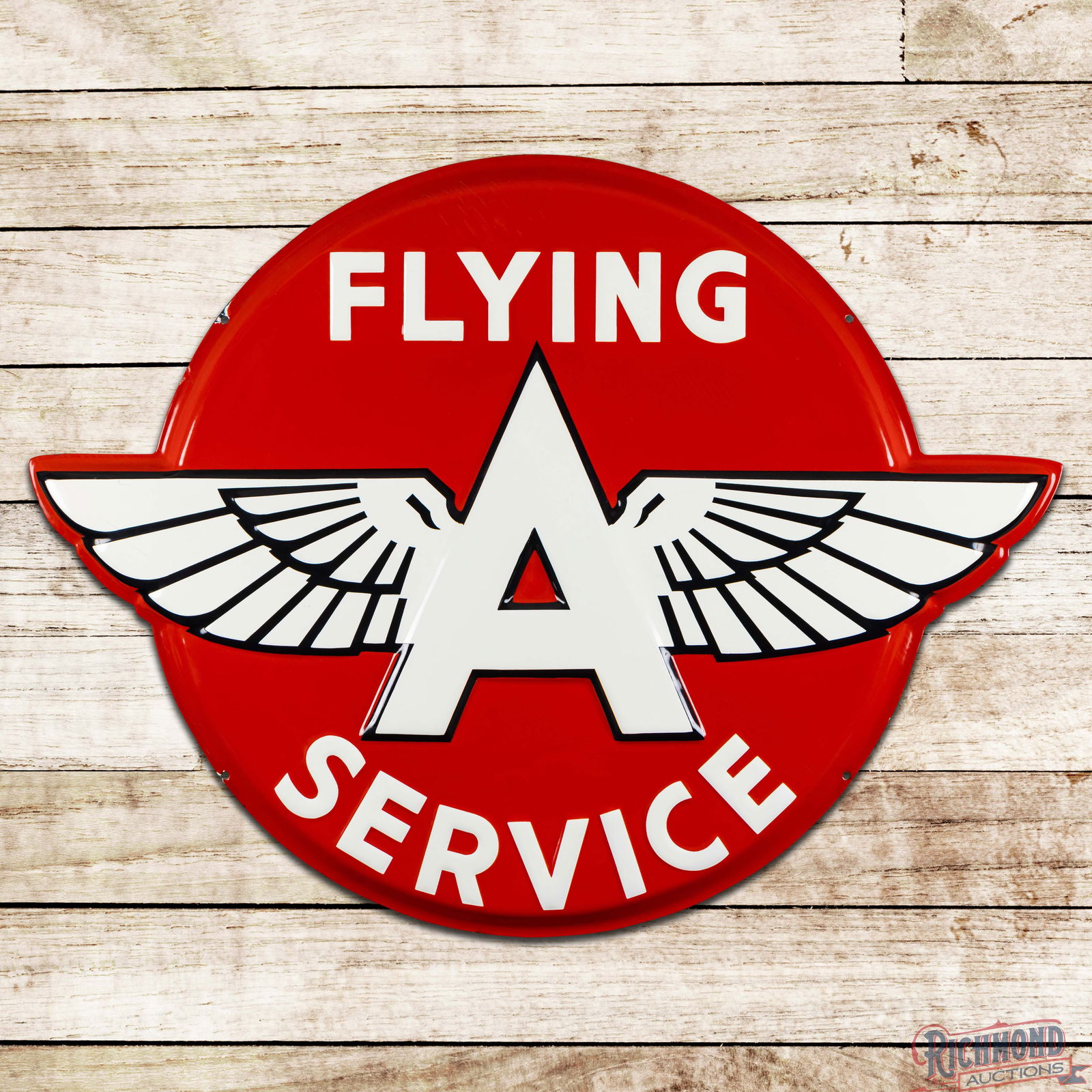 Superb Flying A Service Gasoline 42" Emb. Die Cut Single Sided Porcelain Sign w/ Logo: SSP (Single Sided Porcelain) die cut embossed, convex sign has outstanding color and gloss. The fields are exceptionally clean with minor surface imperfections and faint paper marks in the red