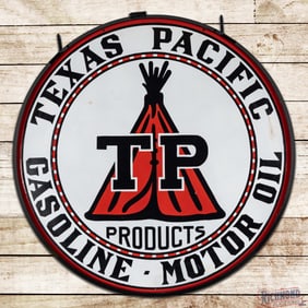 Scarce TP Texas Pacific Gasoline Motor Oil 42" Double Sided Porcelain Sign w/ Ring