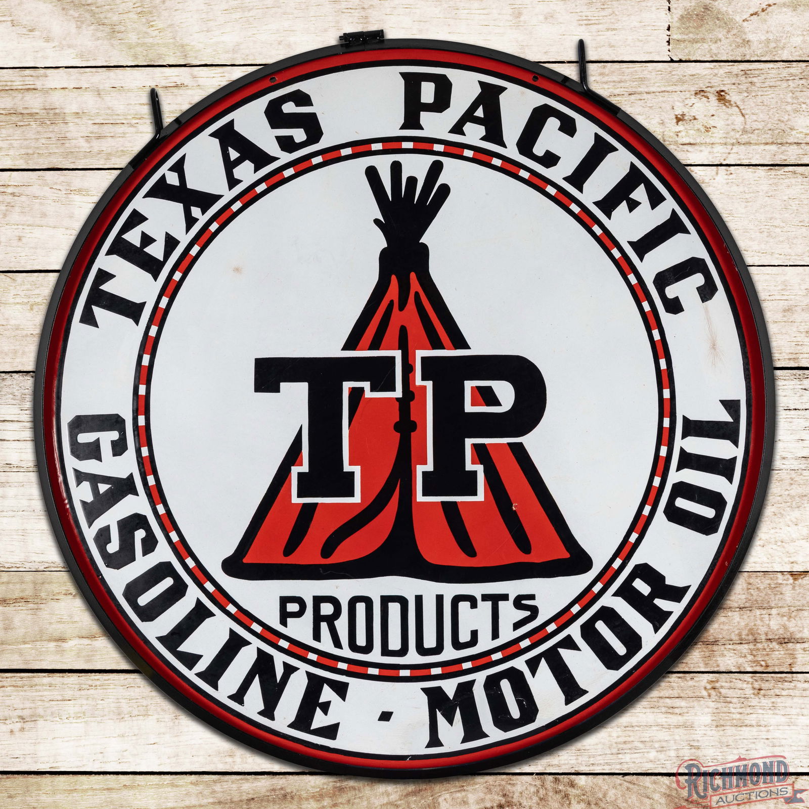 Scarce TP Texas Pacific Gasoline Motor Oil 42" Double Sided Porcelain Sign w/ Ring: DSP (Double Sided Porcelain) sign with a metal ring has excellent color and gloss. The display has light wear in the fields with a small chip in the lower right of the teepee graphic and a dime-sized