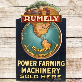 Amazing Rumely Power Farming Machinery Plowing Hulling & Threshing DS Tin Flange Swinging Sign