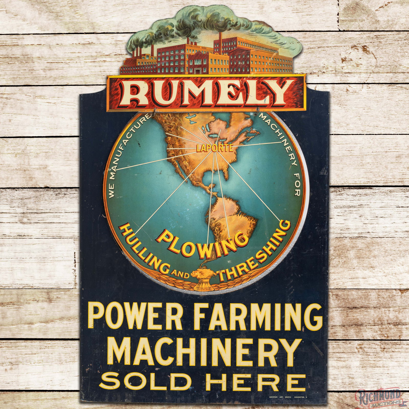 Amazing Rumely Power Farming Machinery Plowing Hulling & Threshing DS Tin Flange Swinging Sign: Outstanding DST (Double Sided Tin) Flange Sign with excellent throughout. Side 1 exhibits very minimal wear with only a few scratches, mainly along the outer field. The inner field is beautiful with