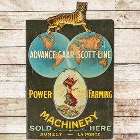 Rare Rumely Advance-Gaar-Scott-Line Power Farming Machinery Double Sided Tin Flange Swinging Sign