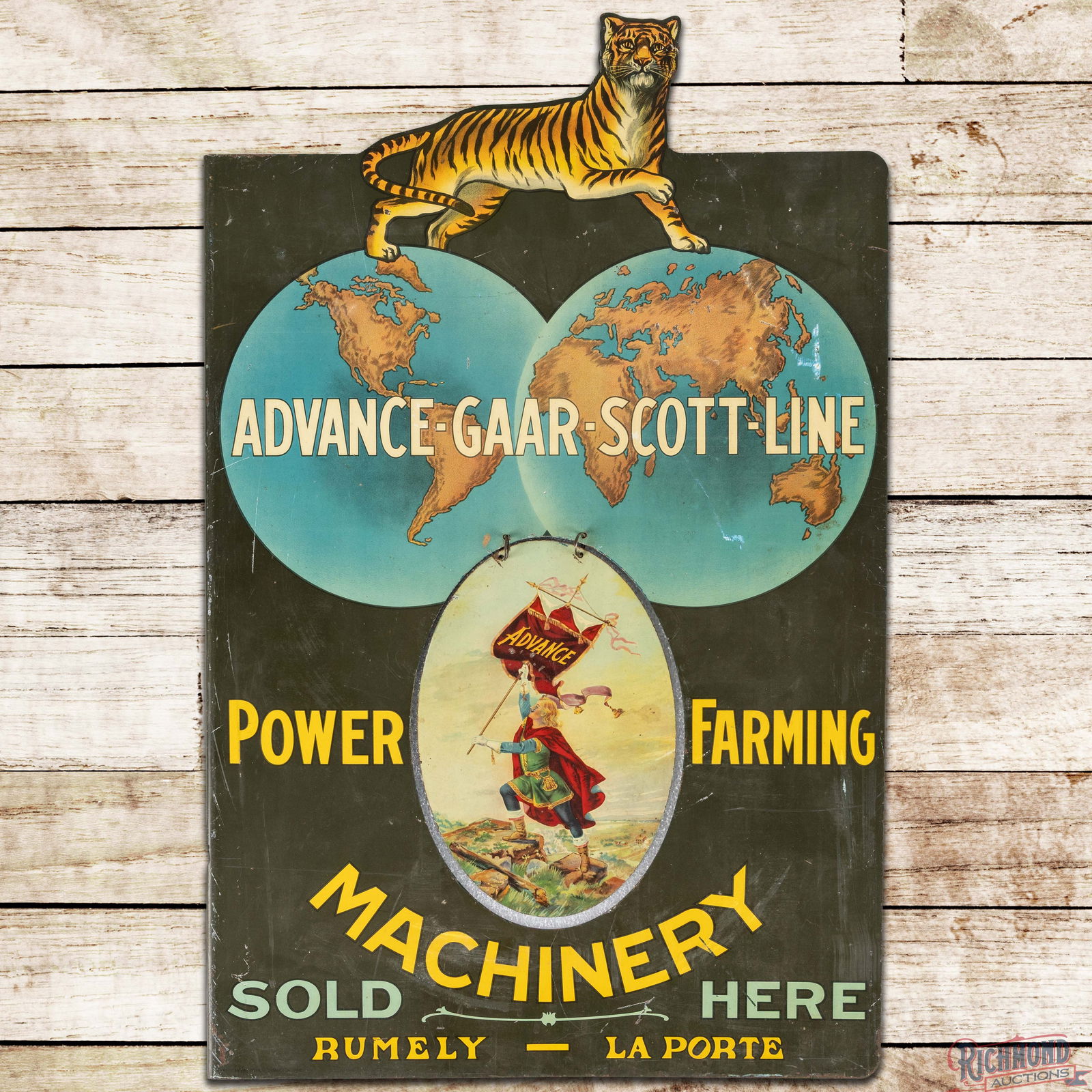 Rare Rumely Advance-Gaar-Scott-Line Power Farming Machinery Double Sided Tin Flange Swinging Sign: Amazing DST (Double Sided Tin) Flange Sign in very good condition. The display side has strong colors with general wear throughout the sign. The main graphics are in great condition with bold colors