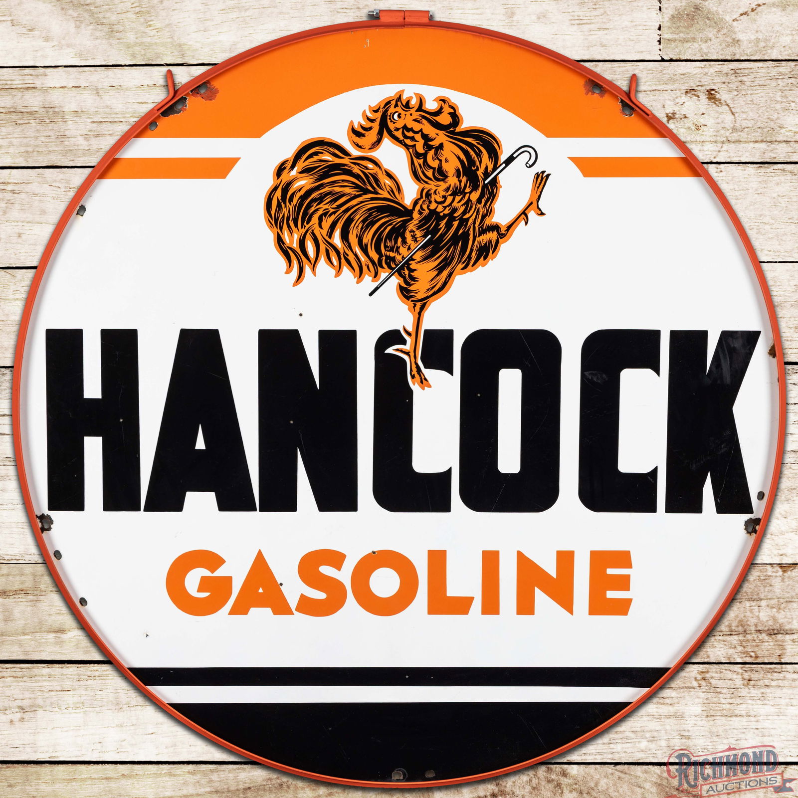 Scarce Hancock Gasoline 48" Double Sided Porcelain Sign w/ Ring & Early Rooster Logo: DSP (Double Sided Porcelain) sign has excellent color and gloss. The sign features classic Hancock colors with the early, detailed prancing rooster graphic. Side #1 has small chips in the fields with