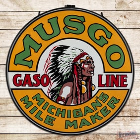 Amazing Musgo Gasoline "Michigan's Mile Maker" 4' Double Sided Porcelain Sign w/ Ring