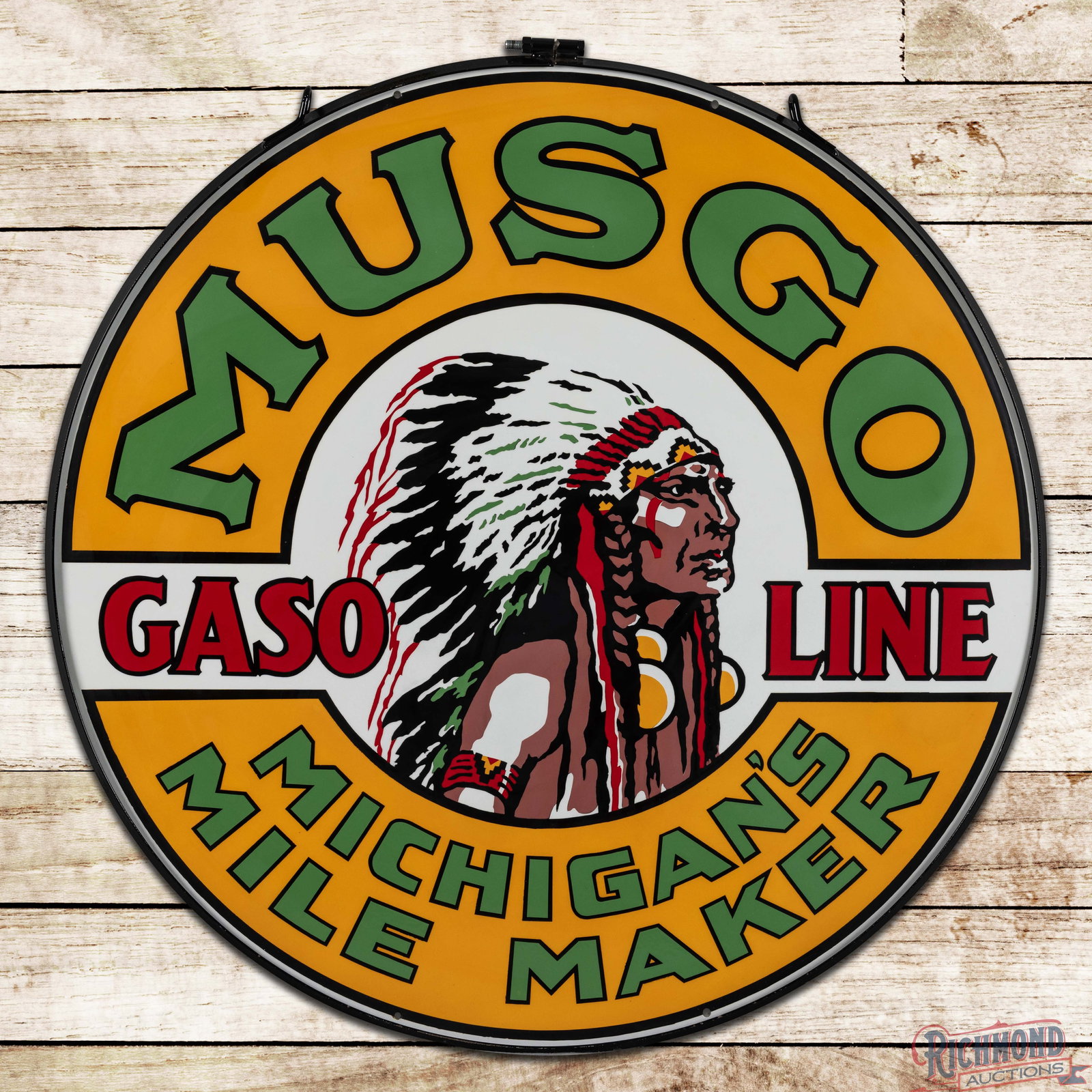 Amazing Musgo Gasoline "Michigan's Mile Maker" 4' Double Sided Porcelain Sign w/ Ring: Outstanding DSP (Double Sided Porcelain) sign with a metal ring has exceptional color and gloss. This Holy Grail sign features six colors of porcelain enamel with highly detailed graphics of the renow
