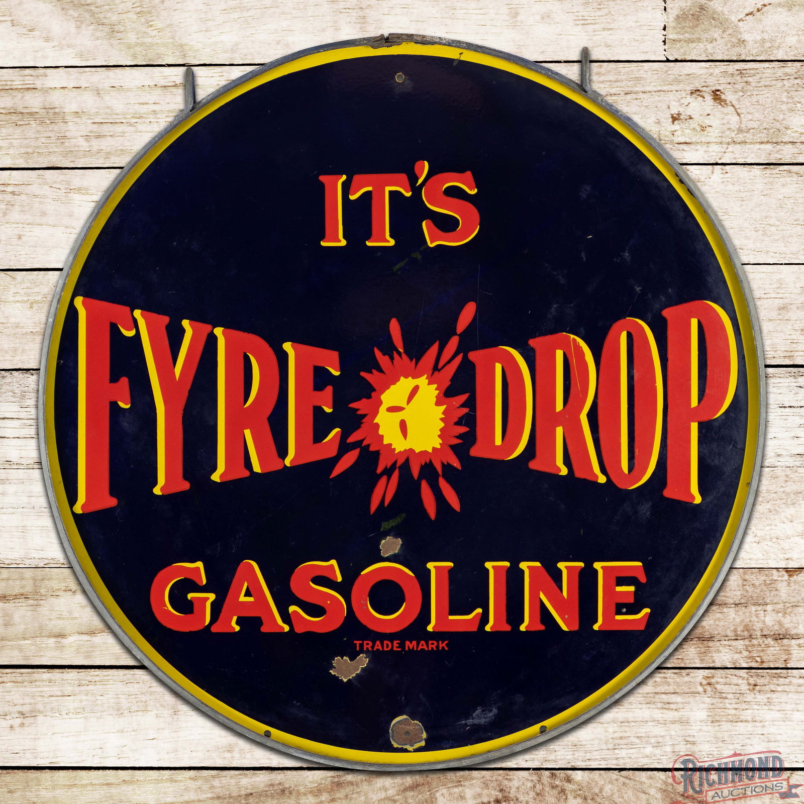Scarce It's Fyre Drop Gasoline 42" Double Sided Porcelain Sign w/ Ring: Outstanding DSP (Double Sided Porcelain) sign with the original metal ring has very good color and gloss. The display has areas of surface wear in the field with a chip near the "Trademark"