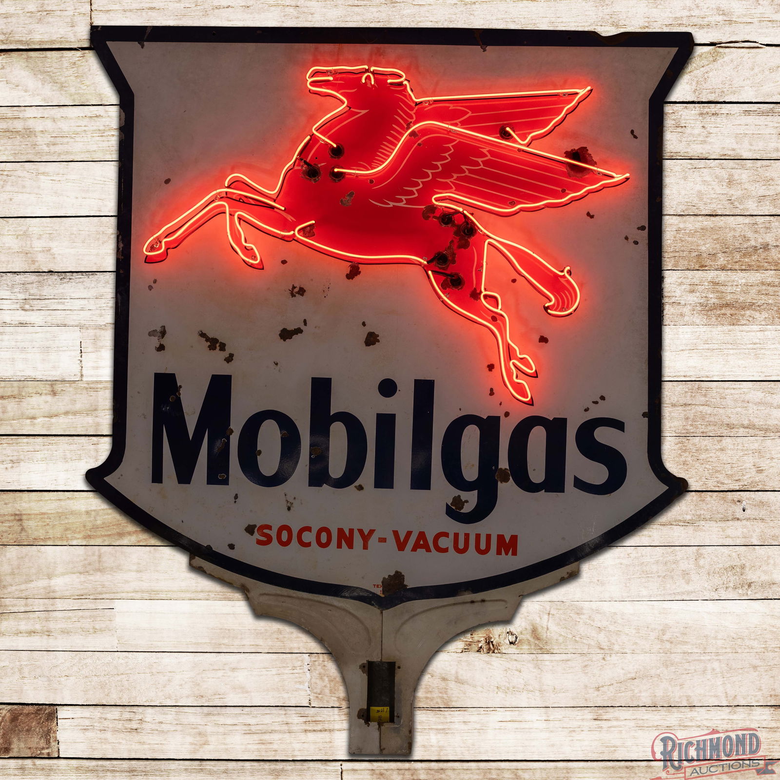 1954 Mobilgas Socony-Vacuum 6' Double Sided Porcelain Factory Neon Sign w/ Pegasus: DSP (Double Sided Porcelain) die cut factory neon sign with the original metal can has good color and gloss. The display has chips in the fields with areas of discoloration and surface wear. The perim