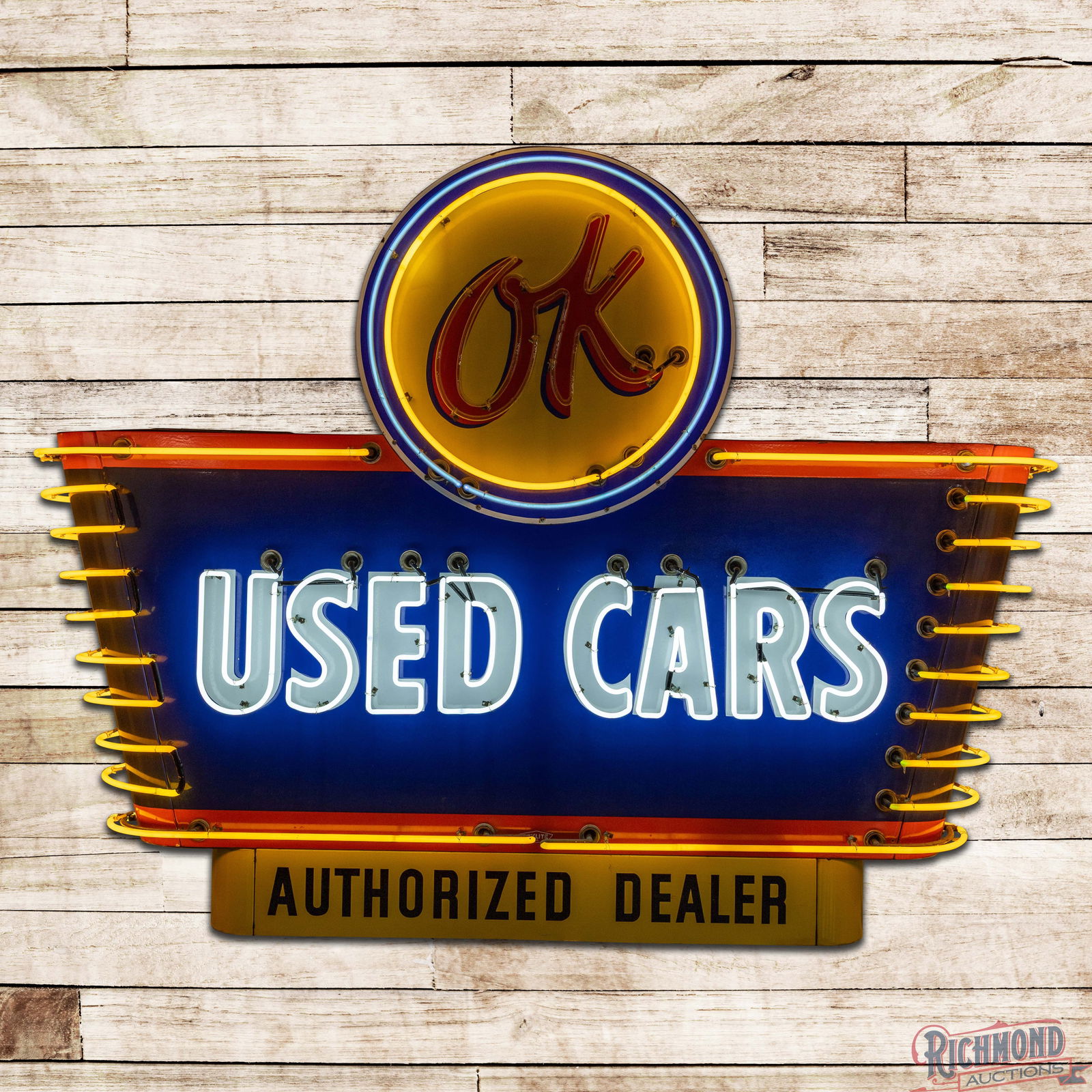 Fantastic Chevrolet Used Cars Authorized Dealer 8' Double Sided Porcelain Factory Neon Sign w/ Logo: DSP (Double Sided Porcelain) multipiece factory neon sign with the original can has excellent color and gloss. The sign features four-color neon with a sequenced flash for the bullnose neon and "OK" n