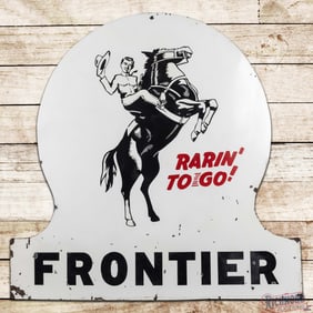 Scarce Frontier Gasoline "Rarin' To Go! 6' Die Cut Keyhole Sign w/ Horse & Rider