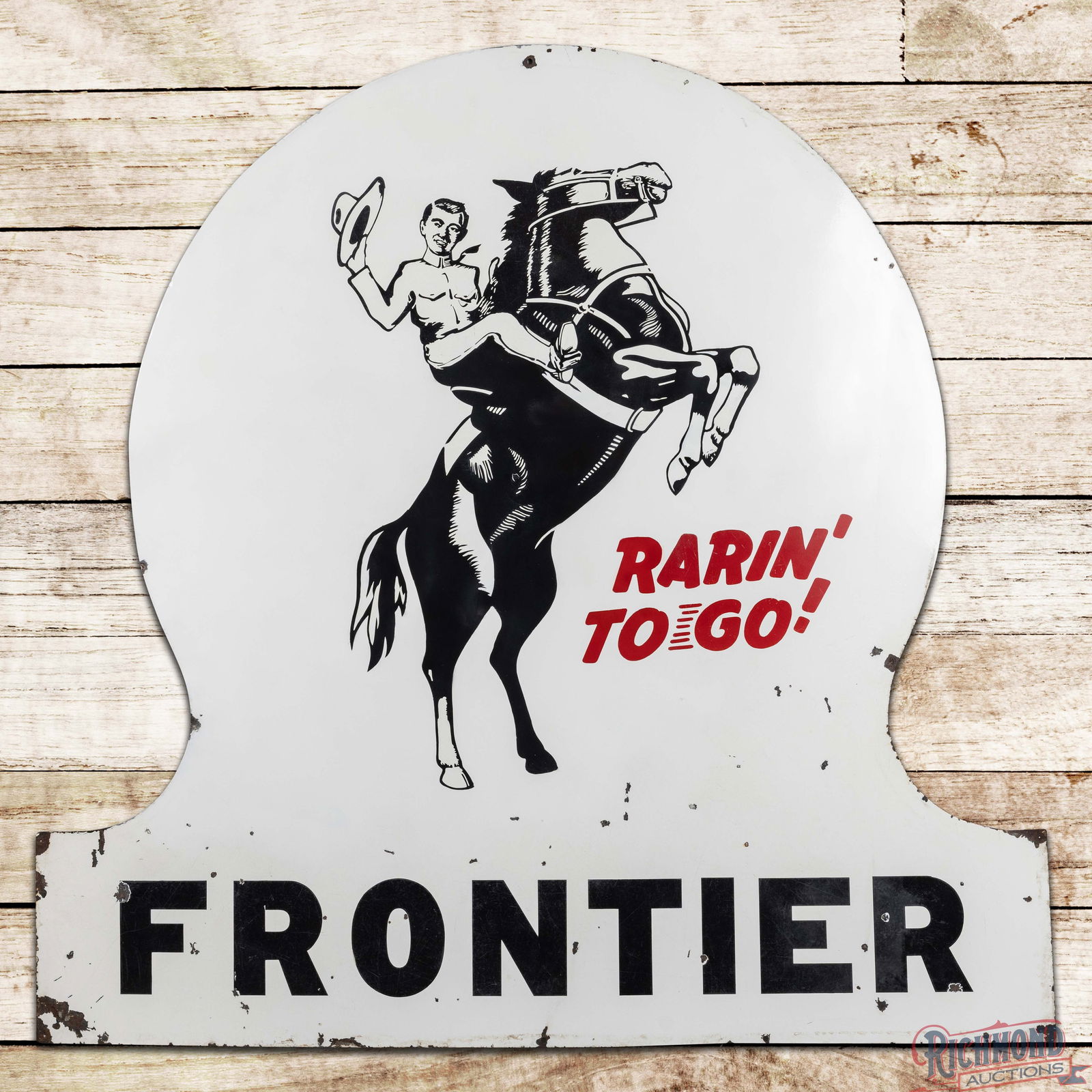 Scarce Frontier Gasoline "Rarin' To Go! 6' Die Cut Keyhole Sign w/ Horse & Rider: Outstanding die cut DSP (Double Sided Porcelain) keyhole shaped sign has very good color and gloss. The sign features the early detailed Frontier cowboy with horse graphic in the center field. Side