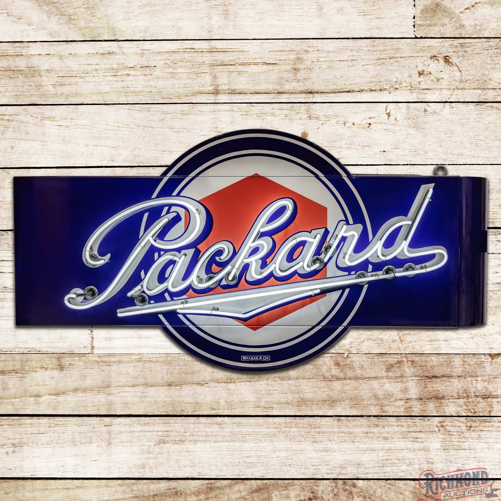 Fantastic Packard Automobiles Die Cut 6' Double Sided Porcelain Factory Neon Sign w/ Logo: DSP (Double Sided Porcelain) die cut multipiece factory neon sign with the original metal can has excellent color and gloss. Side #1 is exceptionally clean with slight discoloration to the red porcela