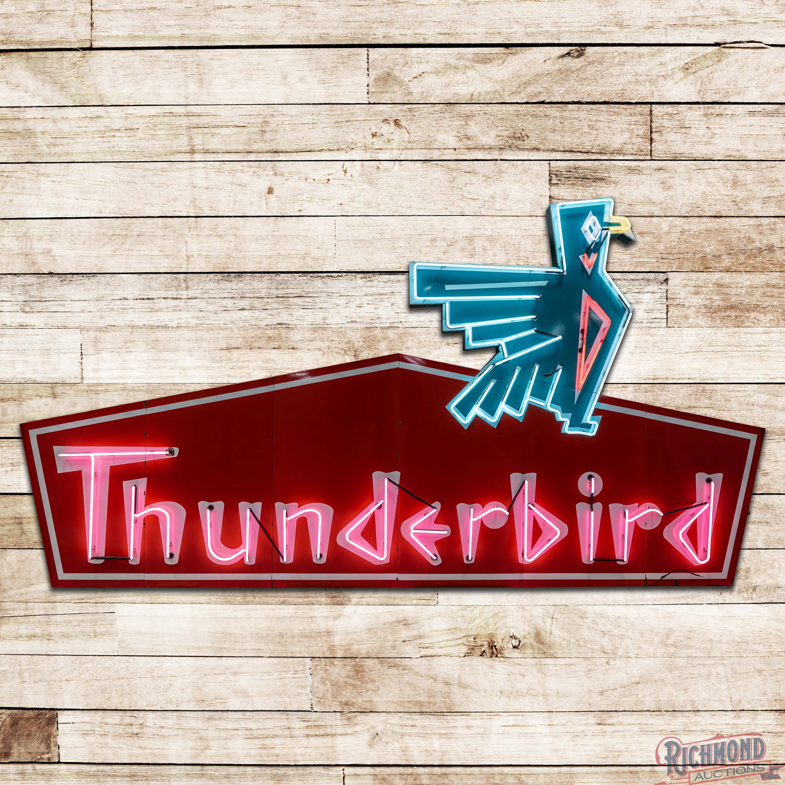 Amazing Thunderbird Motel 16' Die Cut Single Sided Porcelain Factory Neon Sign Route 66: Outstanding, historically significant SSP (Single Sided Porcelain) factory neon multi-piece sign with a new metal can has excellent color and gloss. This example was the original neon sign for the his