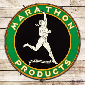 Marathon Products "Best in the Long Run" 48" Double Sided Porcelain Sign w/ Ring Running Man Logo