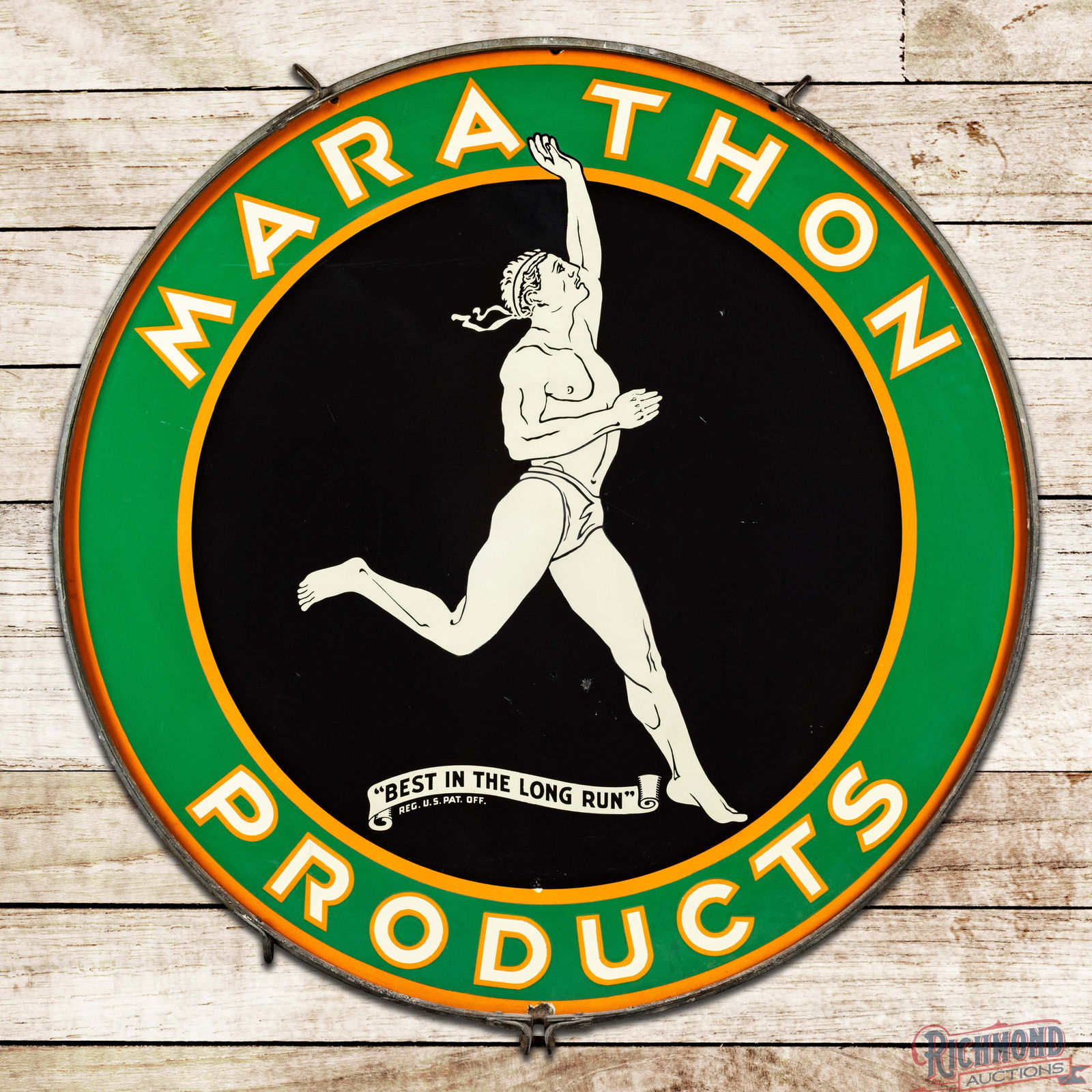 Marathon Products "Best in the Long Run" 48" Double Sided Porcelain Sign w/ Ring Running Man Logo: DSP (Double Sided Porcelain) sign with factory metal ring has outstanding color and gloss. The display is exceptionally clean with minor surface imperfections and a professionally color matched chip