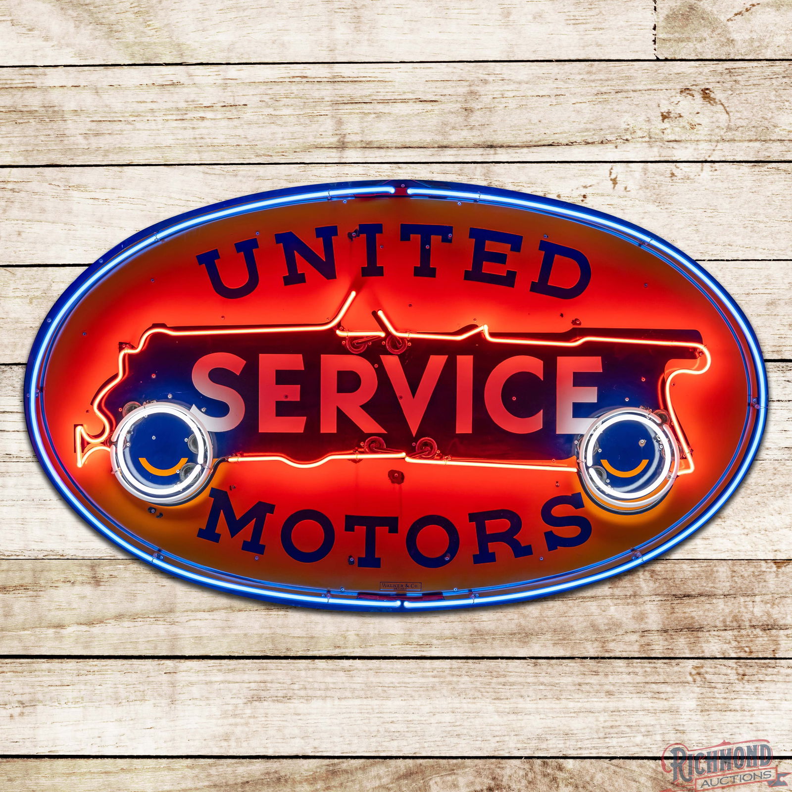 Amazing United Motors 6' Single Sided Porcelain Factory Neon Sign w/ Flashing Wheels: SSP (Single Sided Porcelain) factory neon sign with a new metal can has excellent color and gloss. The sign features three-color neon with sequenced flashing wheels. The fields have minor surface impe