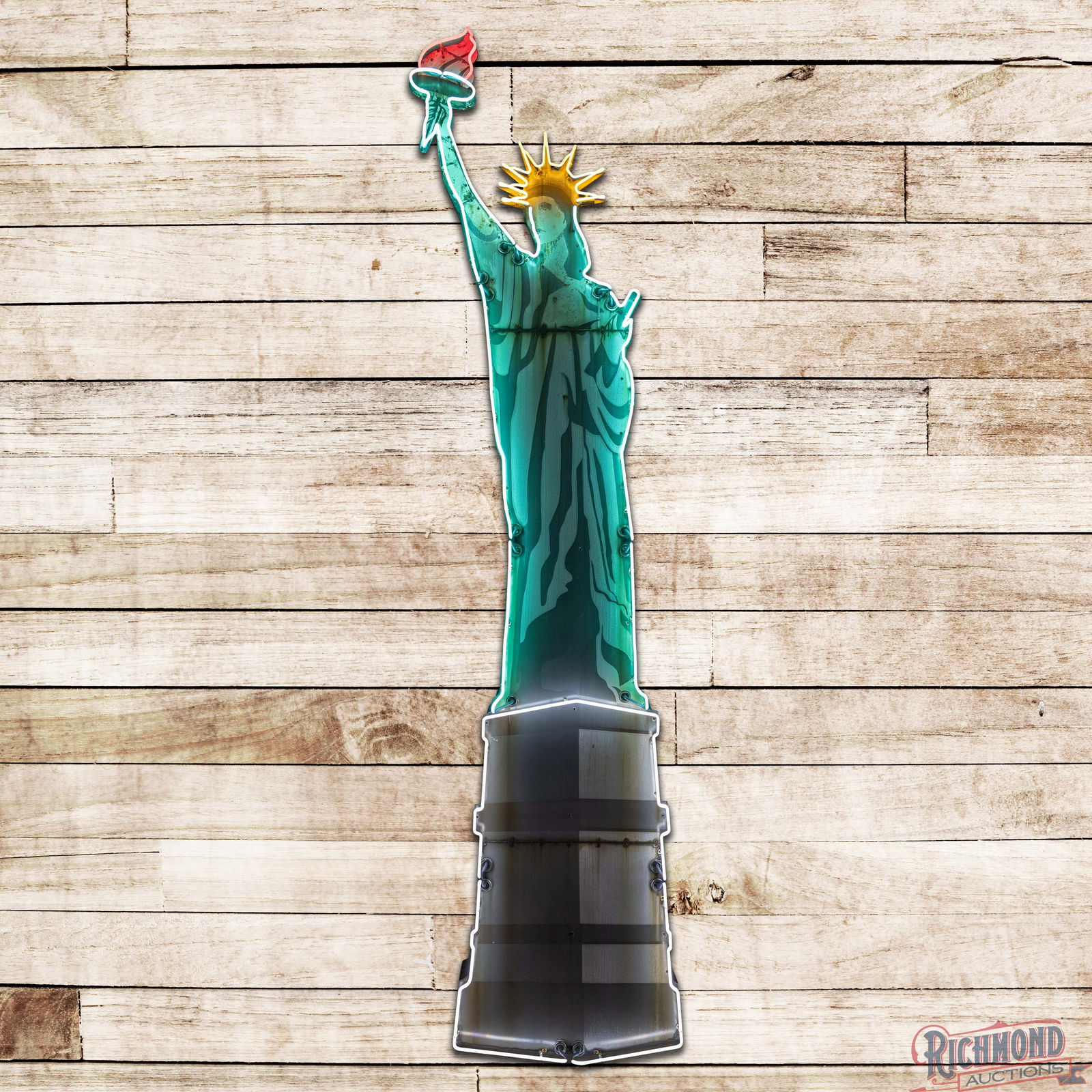 Amazing Statue of Liberty Die Cut 14' Single Sided Porcelain Factory Neon Sign: Originally displayed by Liberty Electric Company in New York, this sign was visible from the Statue of Liberty on Ellis Island, NY. Scarce SSP (Single Sided Porcelain) die cut multi-piece factory neon