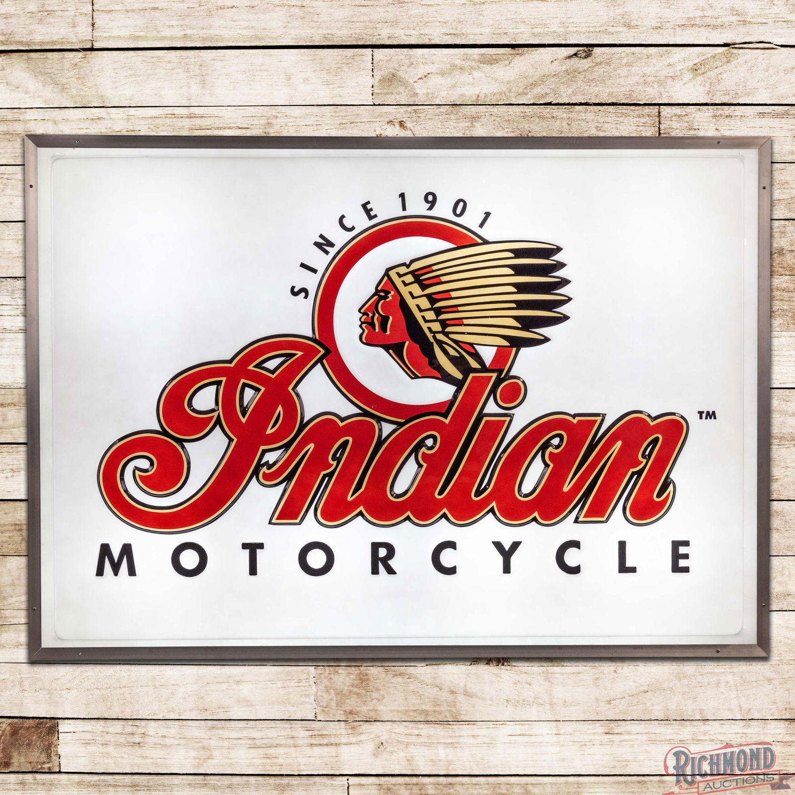 Exceptional Indian Motorcycle "Since 1901" Emb. 7' Lighted Dealer Advertising Sign w/ Logo: Single sided embossed plastic internally lighted sign with metal can works as it should. The sign has outstanding color with the Indian Motorcycle Native American Logo in the field. The sign is