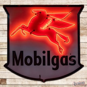 Rare Factory Original Mobilgas Single Sided Porcelain Neon Shield Identification Pole Sign West