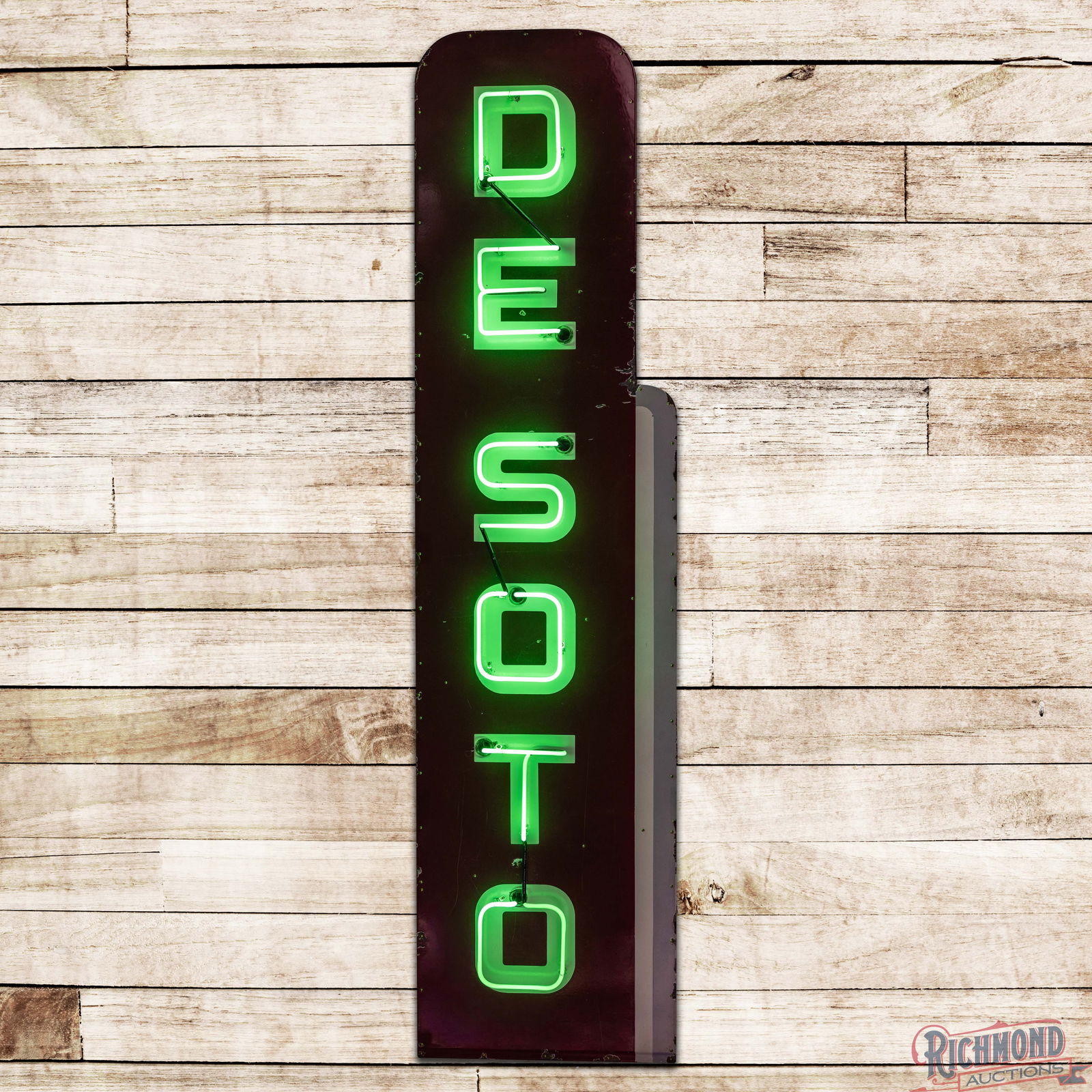 Vertical De Soto Single Sided Porcelain Factory Neon Sign: SSP (Single Sided Porcelain) De Soto vertical factory neon sign. This is the top part of a larger De Soto Plymouth neon sign. It has a new can and glass. The sign has good color and gloss. It shows so