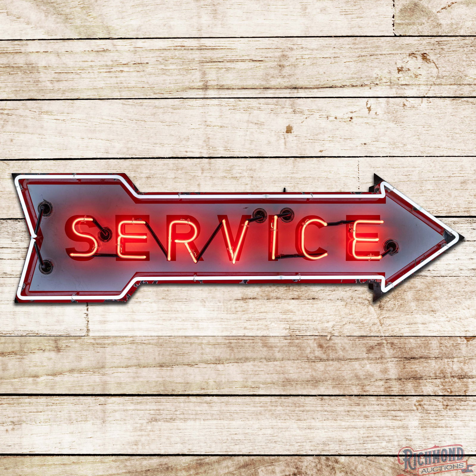 Rare Ford Service Arrow 5' Single Sided Porcelain Factory Neon Sign: Scarce SSP (Single Sided Porcelain) factory neon sign with metal can has very good color and gloss. The field exhibits light wear with small chips that are mainly at the stand supports. The right oute