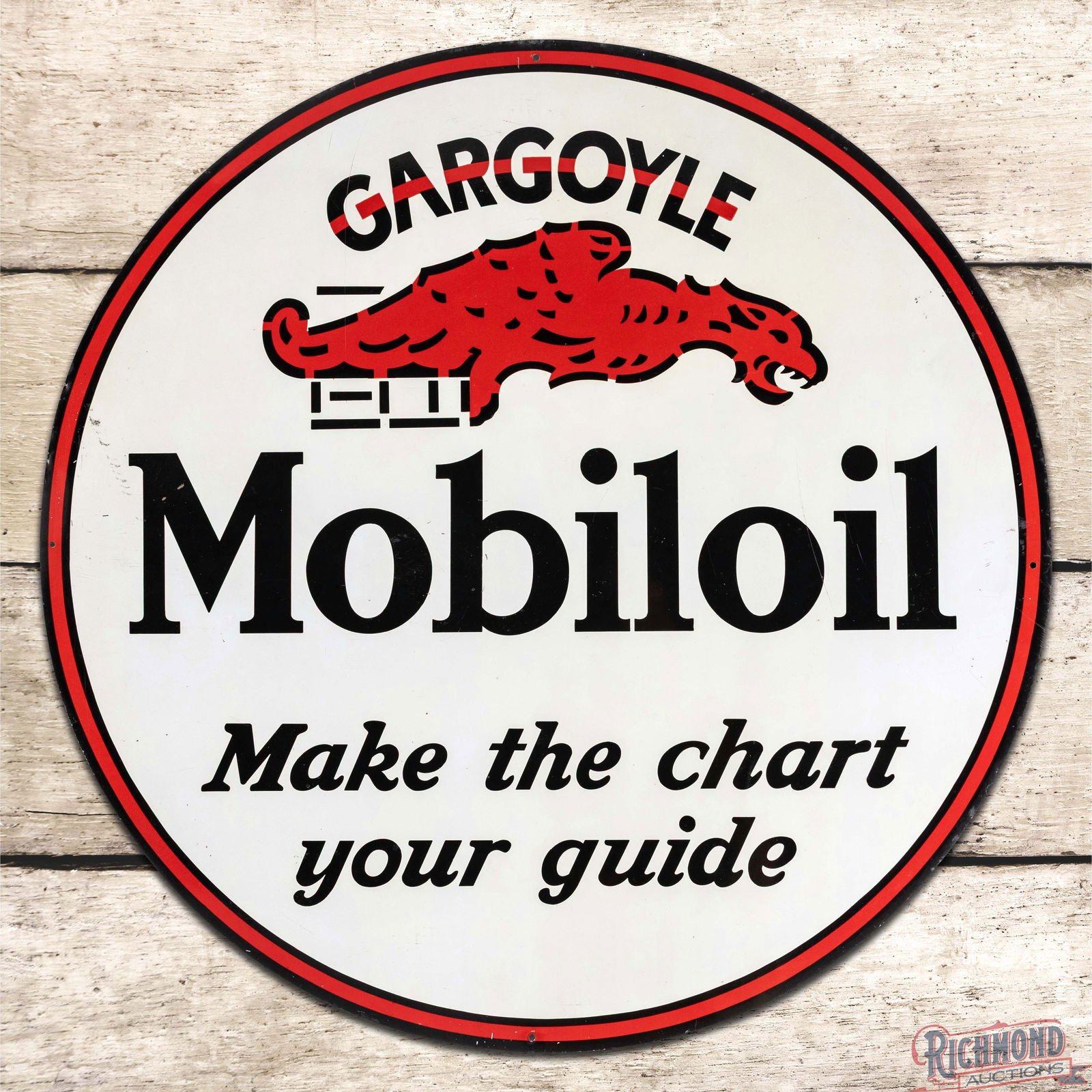 Rare Gargoyle Mobiloil "Make the Chart Your Guide" 24" Single Sided Tin Sign: SST (Single Sided Tin) sign has excellent color and shine. The sign features a large gargoyle in the upper field with classic Mobiloil colors. The field has light wear with small nicks in the
