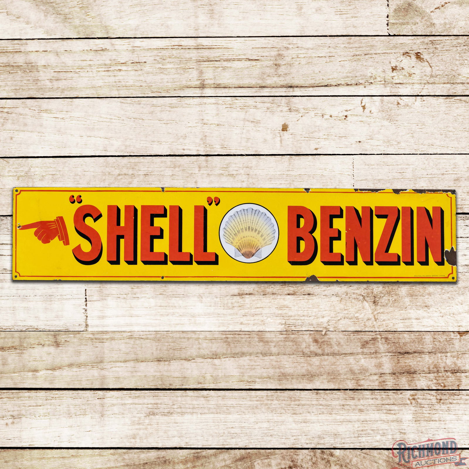 Scarce Shell Benzin Single Sided Porcelain Service Station Sign w/ Pointer Finger & Early Logo: Amazing SSP (Single Sided Porcelain) sign has excellent color and gloss. The sign features an early, detailed clam shell in the field with finger pointing hand in the outer left field. The display