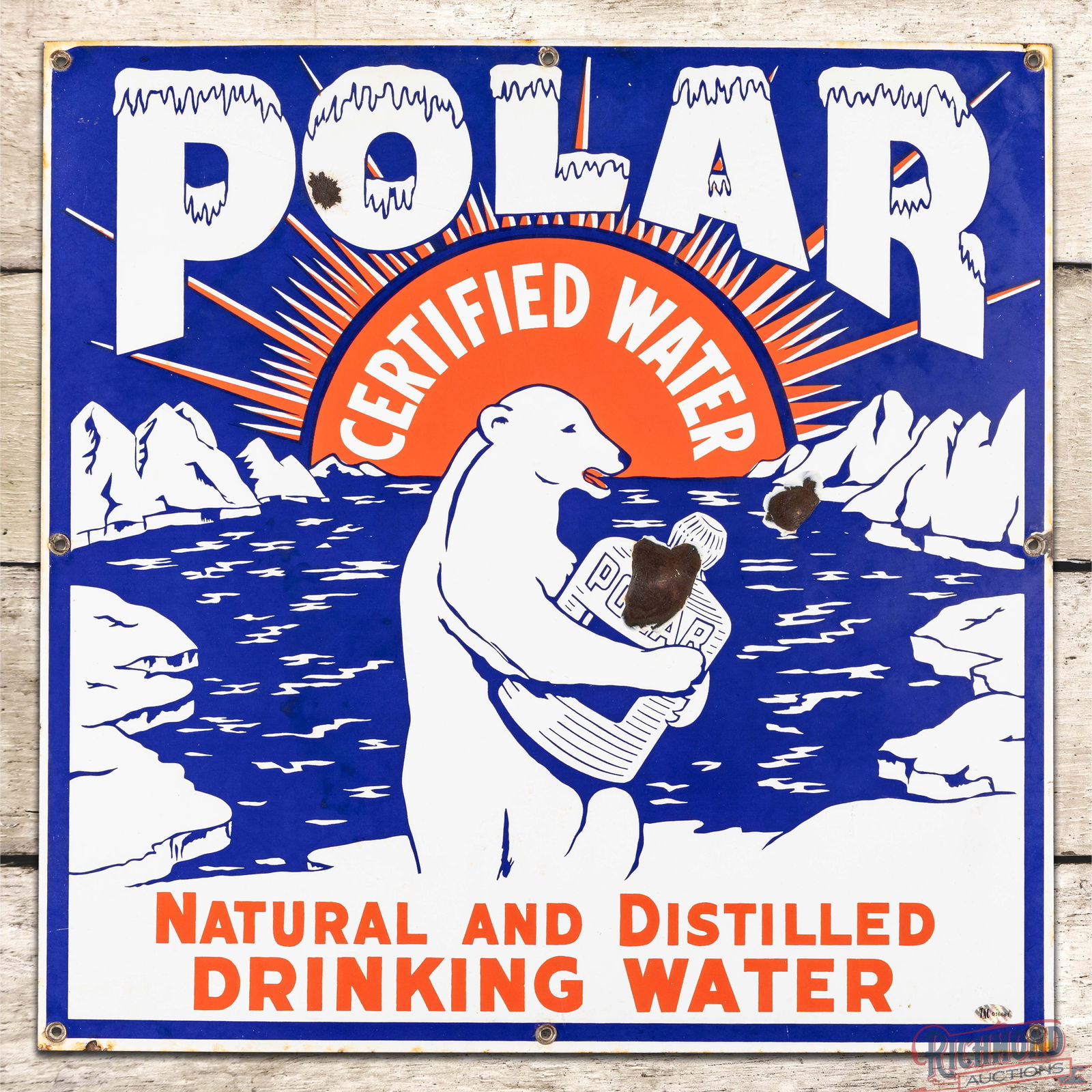 Polar Certified Natural and Distilled Drinking Water Single Sided Porcelain Sign w/ Bear: SSP (Single Sided Porcelain) sign has very good color and gloss. The sign has wonderful graphics of a Polar bear holding a bottle of Polar water in an Arctic scene. The field has light surface wear