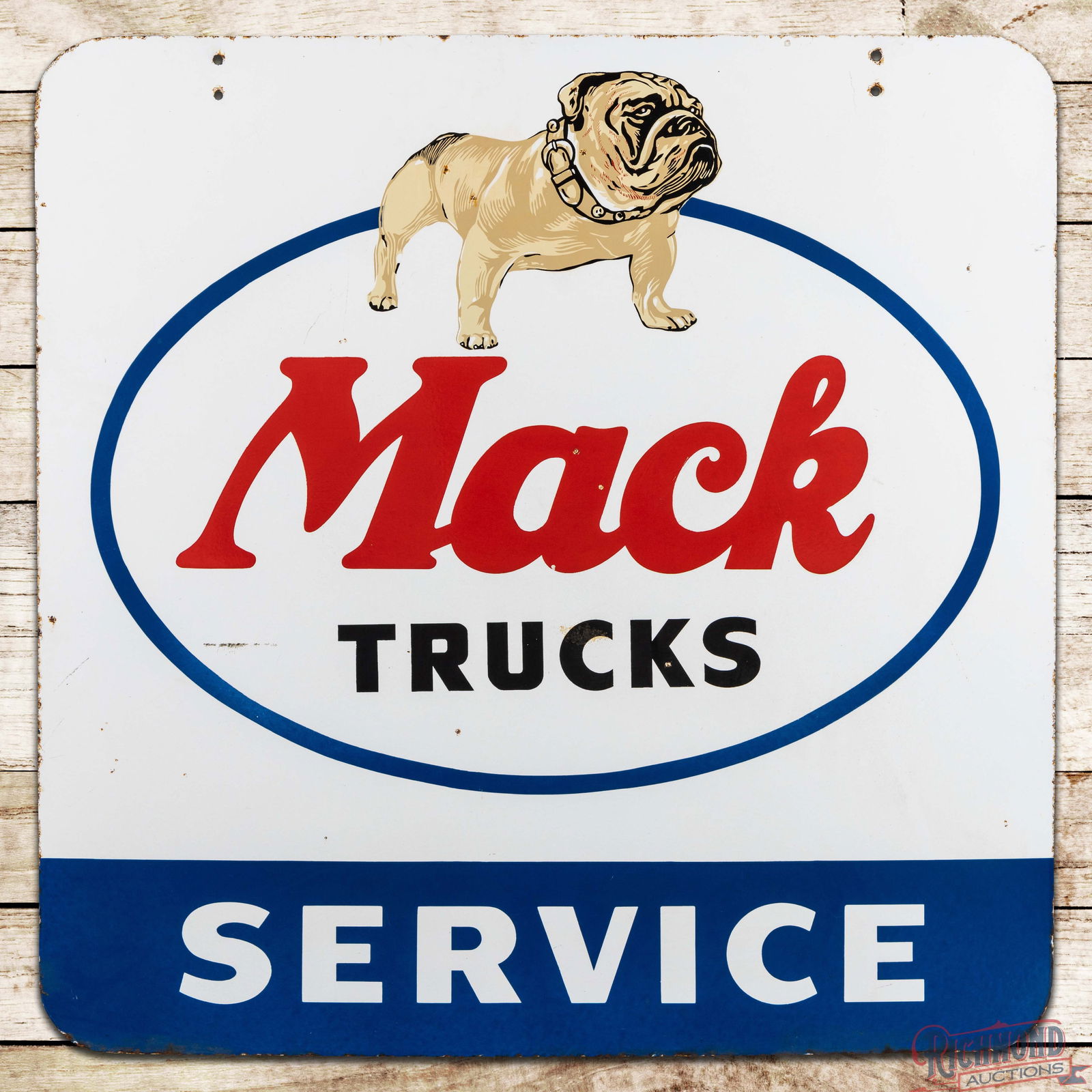 Scarce Mack Trucks Service 36" Double Sided Porcelain Sign w/ Bulldog: DSP (Double Sided Porcelain) sign has excellent color and gloss. The sign is one of a few known porcelain examples and features a detailed graphic of their famous Bulldog mascot in the upper field.