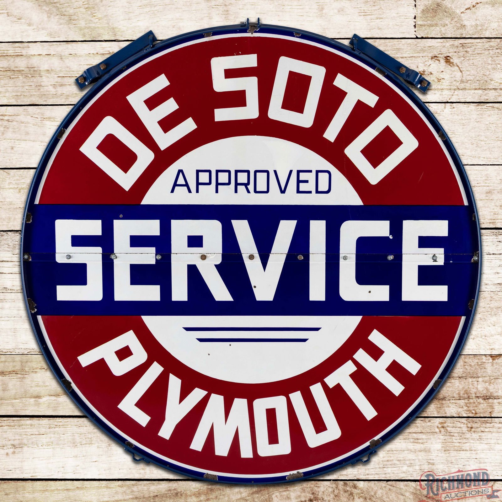 DeSoto Plymouth Approved Service 5' Double Sided Porcelain Sign w/ Ring: DSP (Double Sided Porcelain) two-piece sign with the original metal hanging bracket has excellent color and gloss. The display has light wear with small chips in the fields and light wear in the