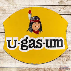 Outstanding U-Gas-Um Gasoline Die Cut 5' Single Sided Porcelain Sign w/ Native American Graphics