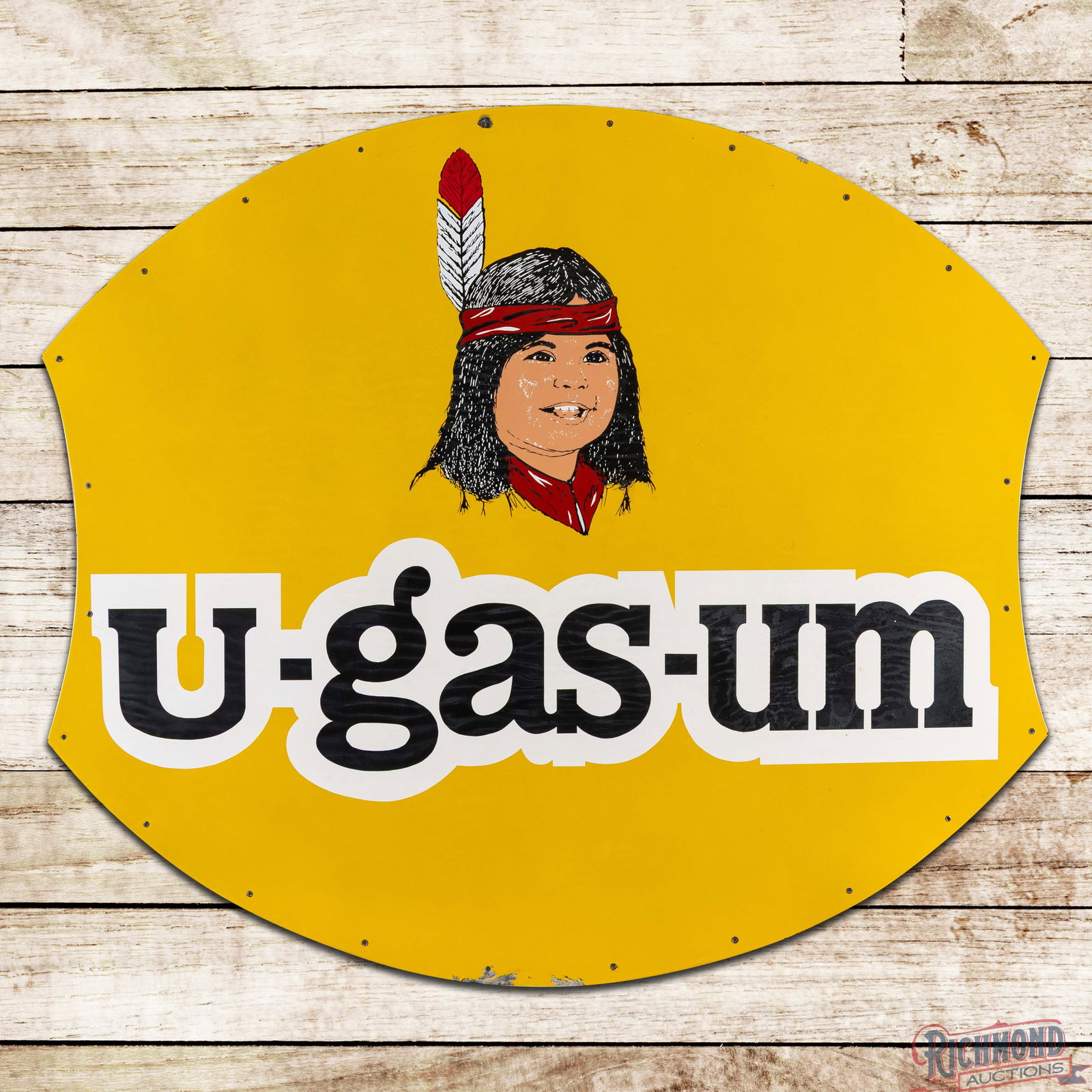 Outstanding U-Gas-Um Gasoline Die Cut 5' Single Sided Porcelain Sign w/ Native American Graphics: SSP (Single Sided Porcelain) die cut sign has excellent color and gloss. The sign features a detailed Native American graphic in the field with unique "u-gas-um" lettering in the lower field. The