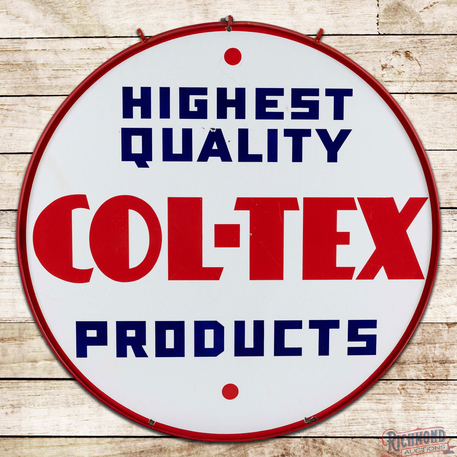 Col-Tex Highest Quality Products Gasoline 42" Double Sided Porcelain Sign w/ Ring: DSP (Double Sided Porcelain) sign mounted in a metal ring has excellent color and gloss. The display has light wear with fine scratches and a chip beside the "G" in Highest. The perimeter has crazing